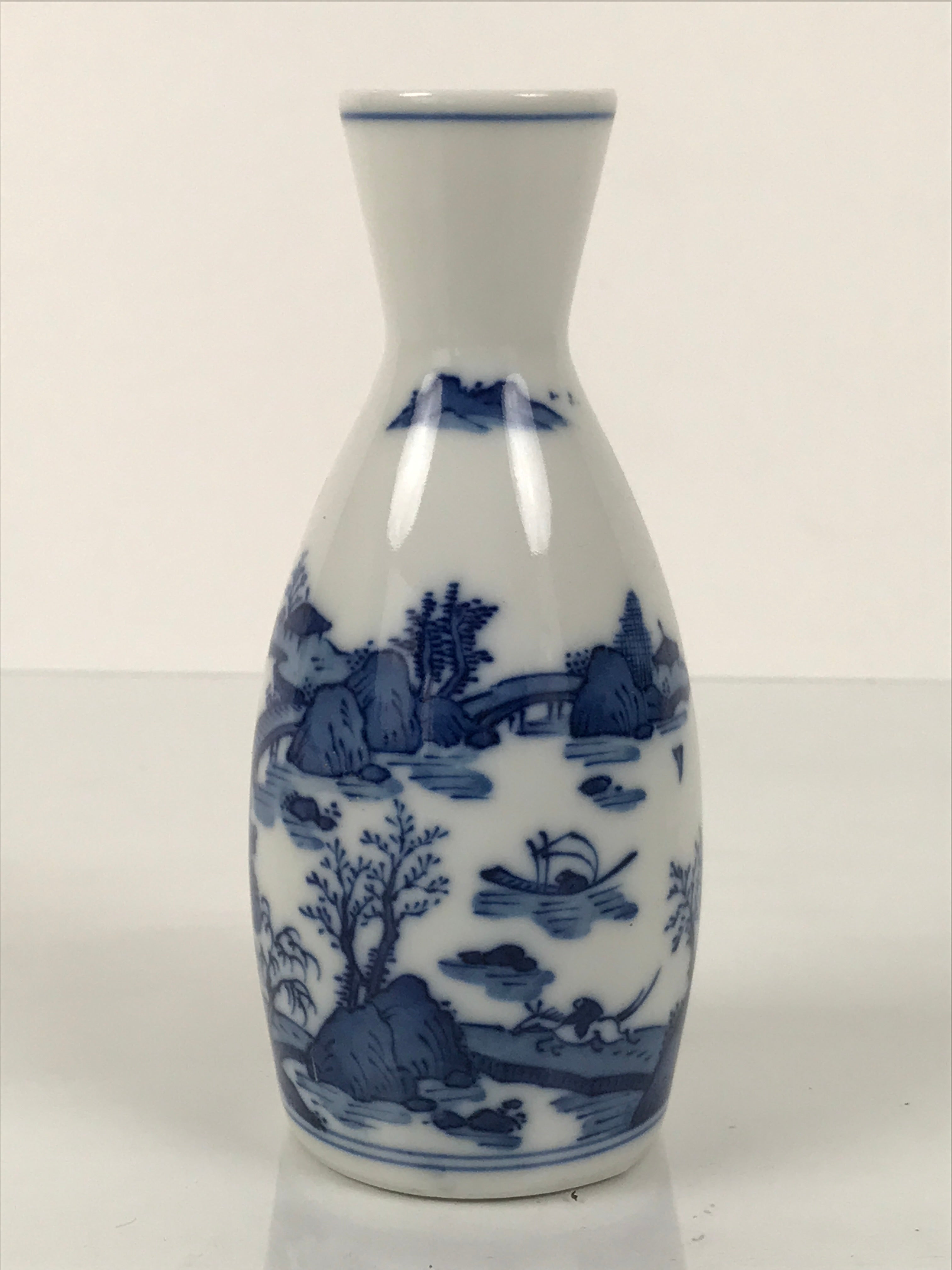 Japanese Porcelain Sake Bottle Tokkuri Vtg Blue White Island Bridge Scene TS841