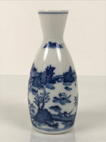 Japanese Porcelain Sake Bottle Tokkuri Vtg Blue White Island Bridge Scene TS841