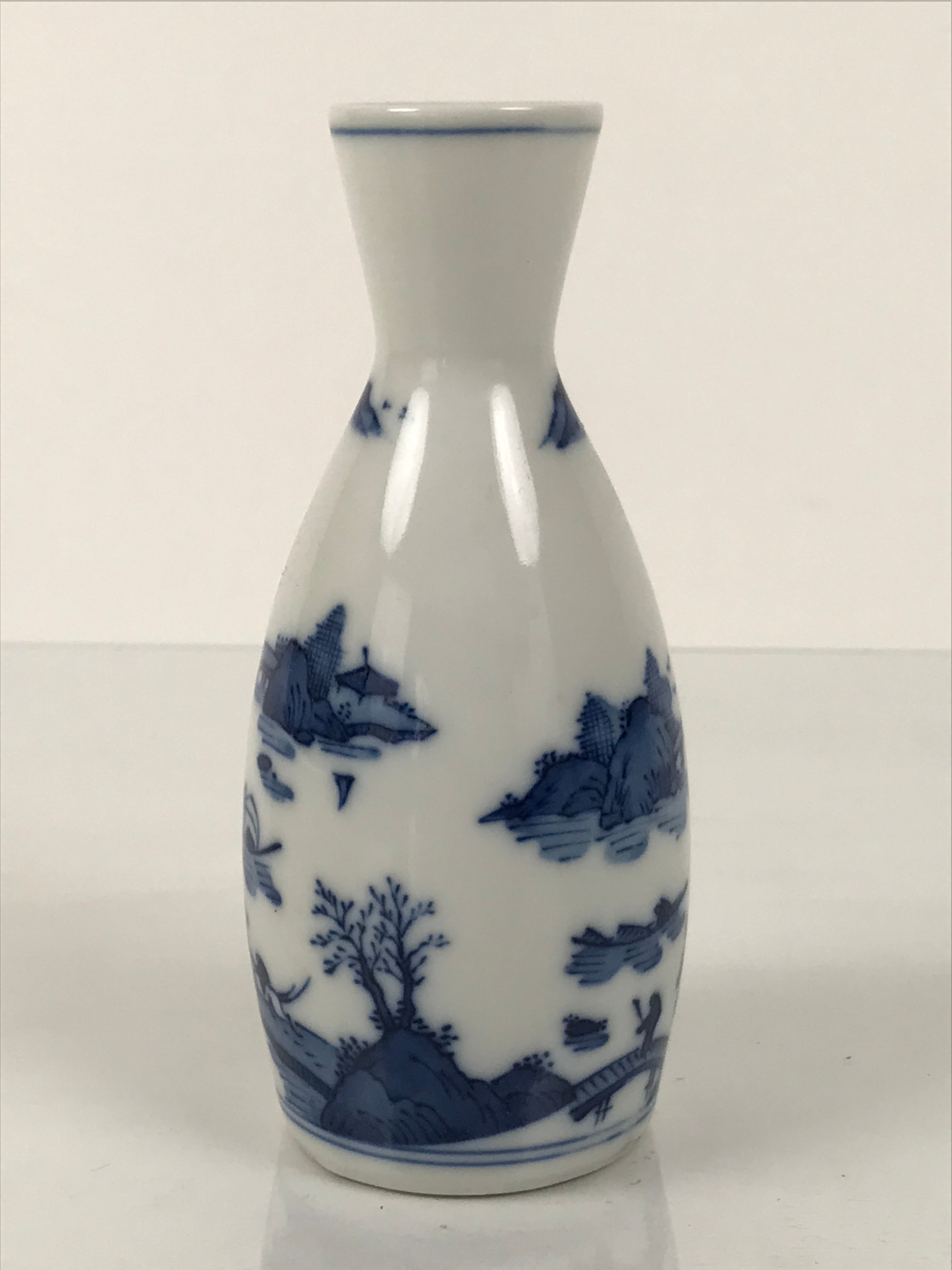 Japanese Porcelain Sake Bottle Tokkuri Vtg Blue White Island Bridge Scene TS841