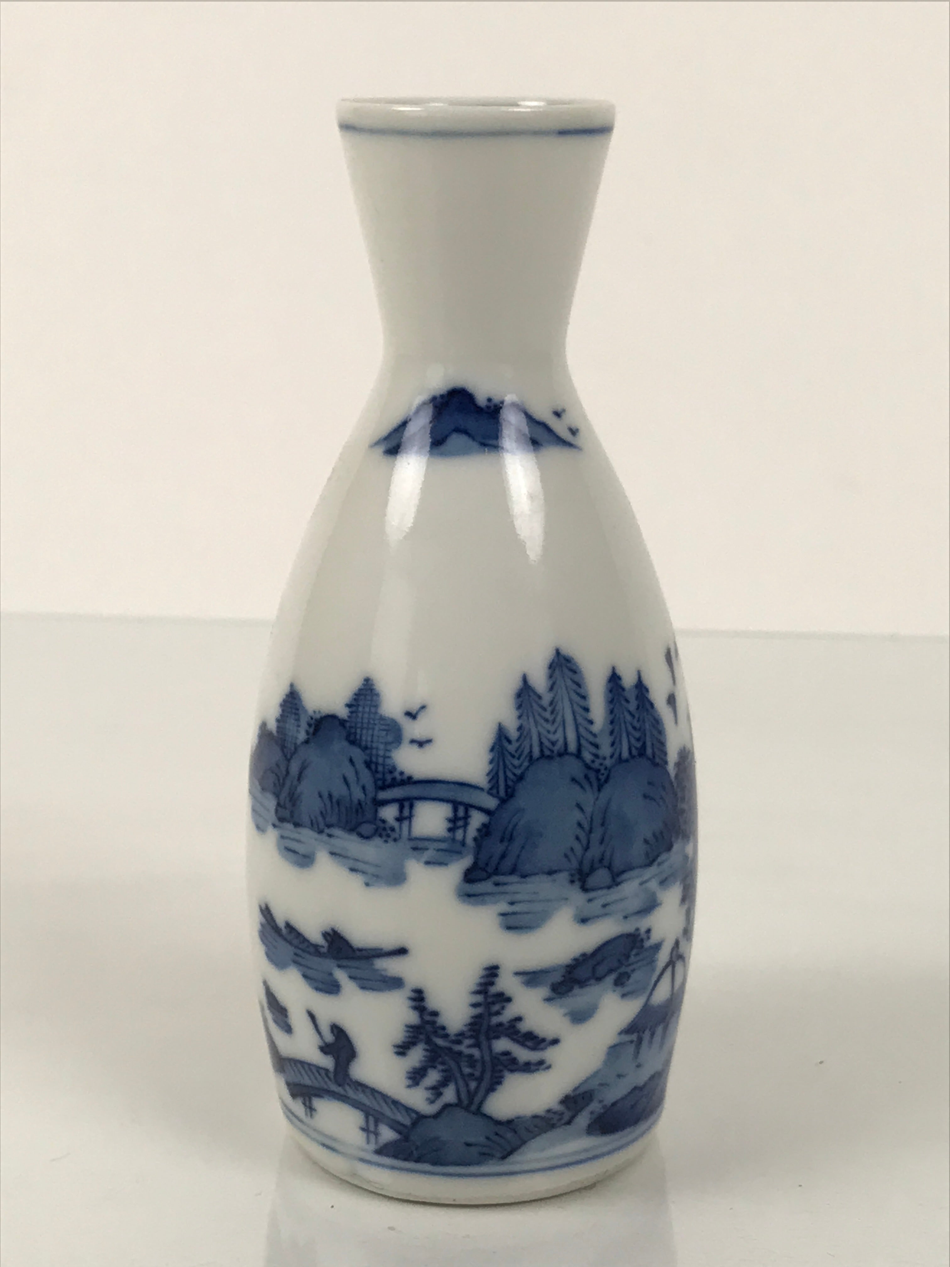 Japanese Porcelain Sake Bottle Tokkuri Vtg Blue White Island Bridge Scene TS841