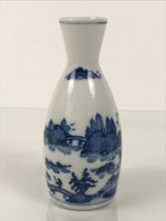 Japanese Porcelain Sake Bottle Tokkuri Vtg Blue White Island Bridge Scene TS841
