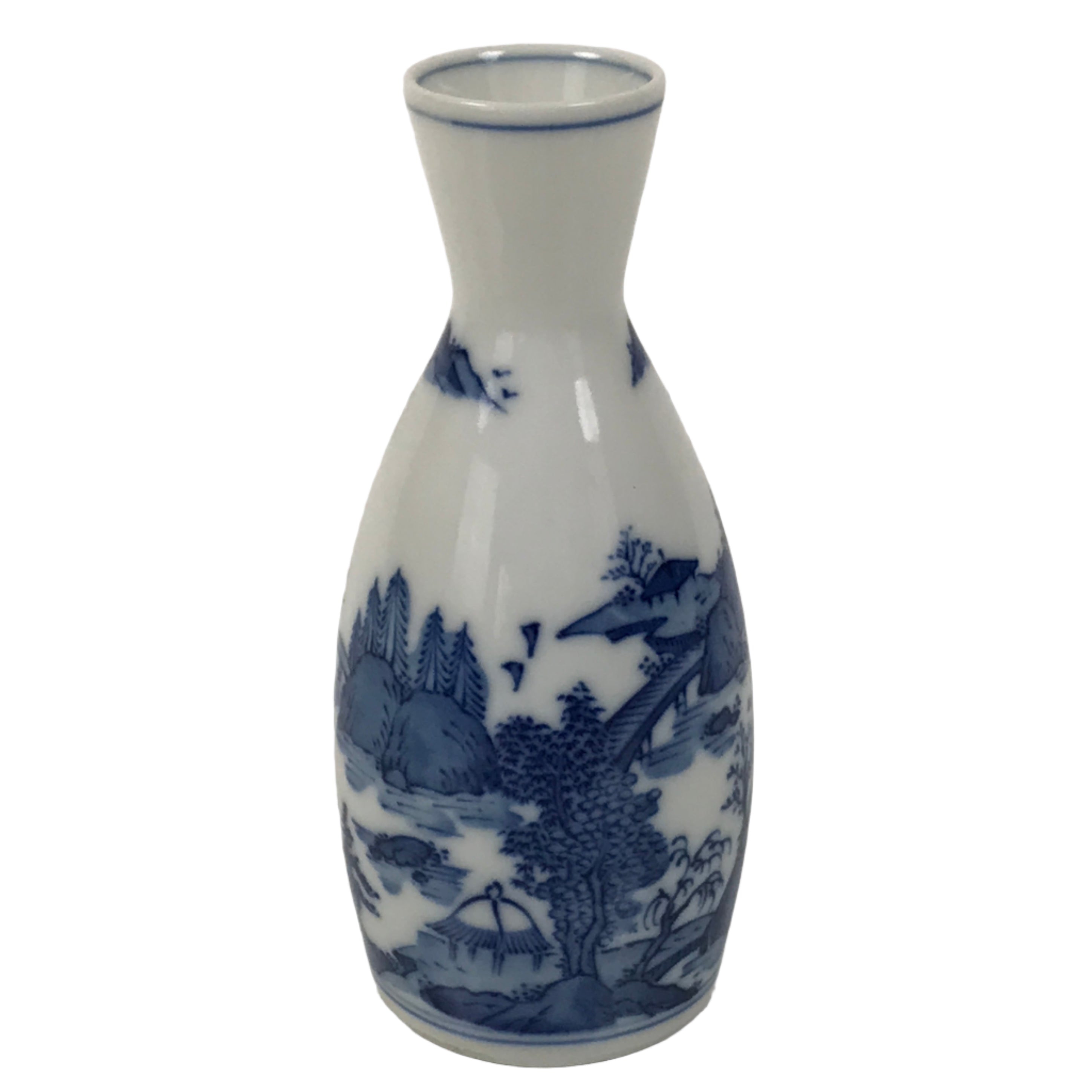 Japanese Porcelain Sake Bottle Tokkuri Vtg Blue White Island Bridge Scene TS841