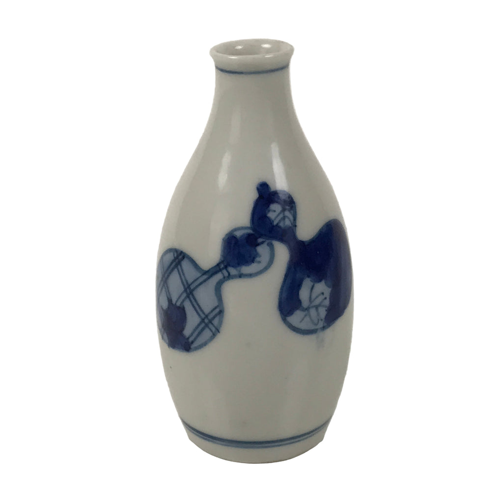 Japanese Porcelain Sake Bottle Tokkuri Vtg Blue White Kanji Gourd Red TS847