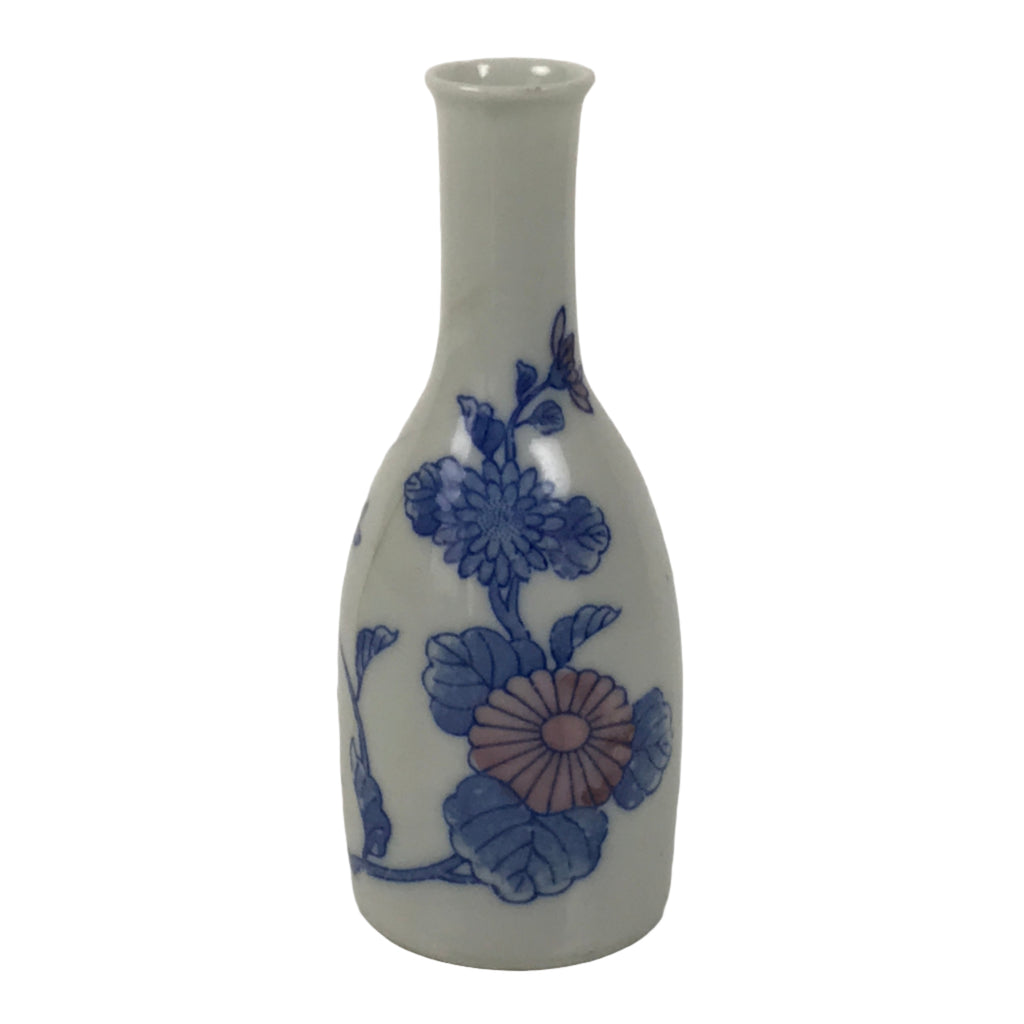 Japanese Porcelain Sake Bottle Tokkuri Vtg Blue White Pink Chrysanthemum TS842