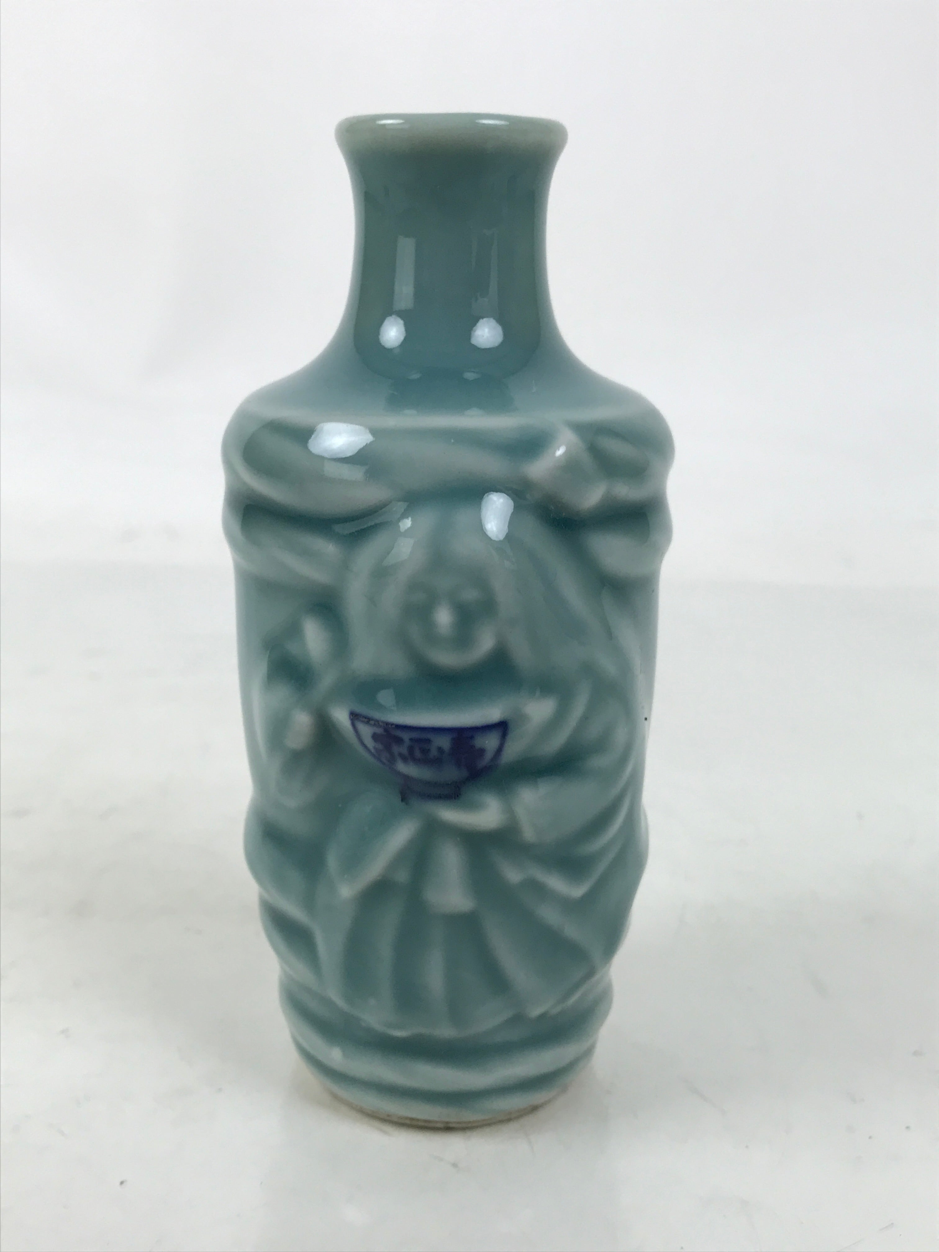 Japanese Porcelain Sake Bottle Tokkuri Vtg Celadon Blue Barrel Woman TS833