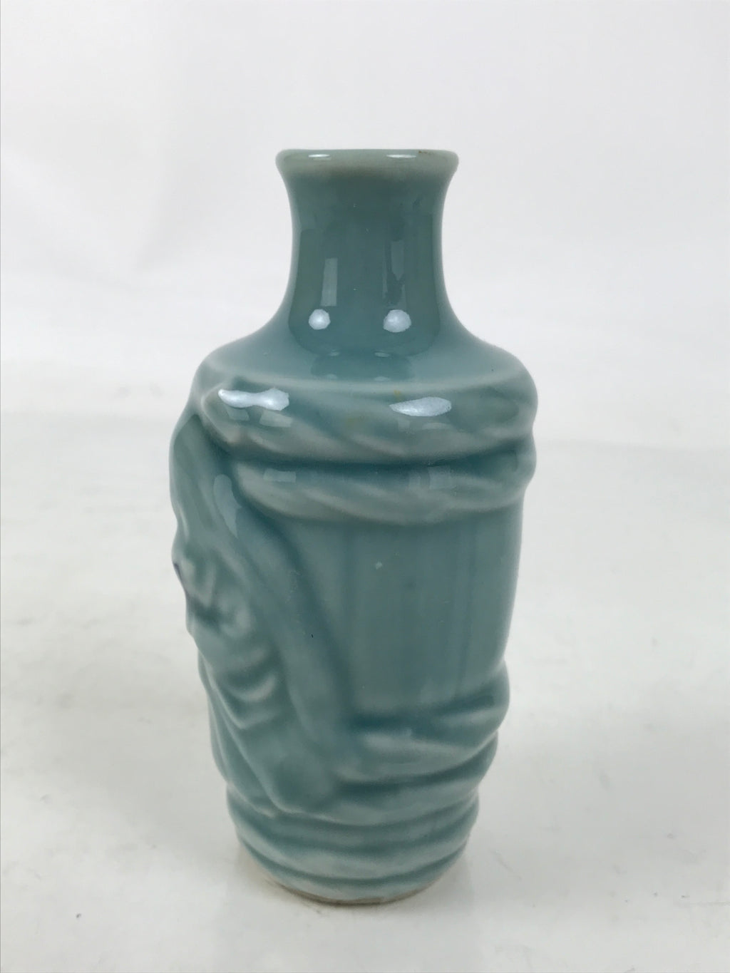 Japanese Porcelain Sake Bottle Tokkuri Vtg Celadon Blue Barrel Woman TS833
