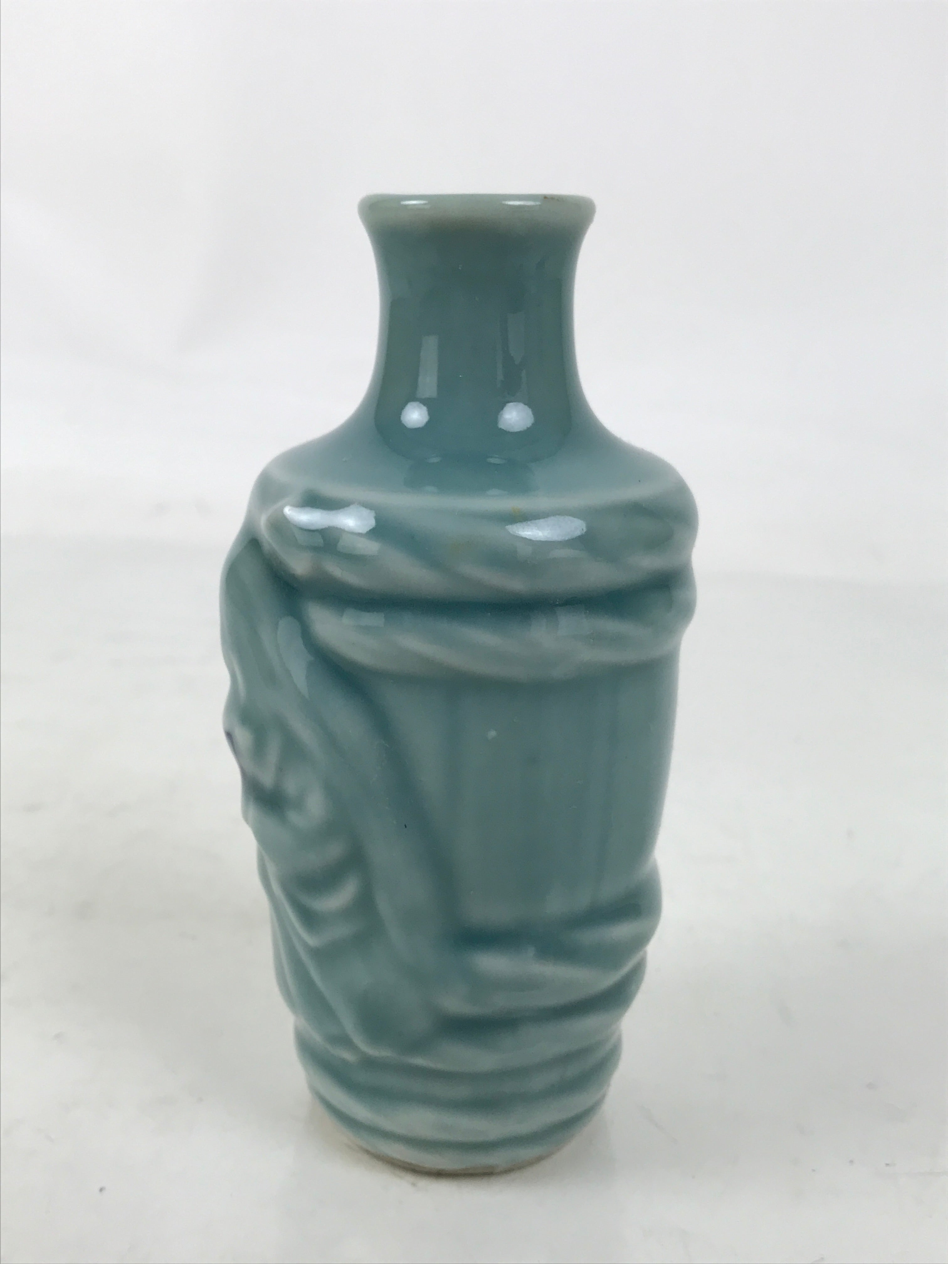 Japanese Porcelain Sake Bottle Tokkuri Vtg Celadon Blue Barrel Woman TS833