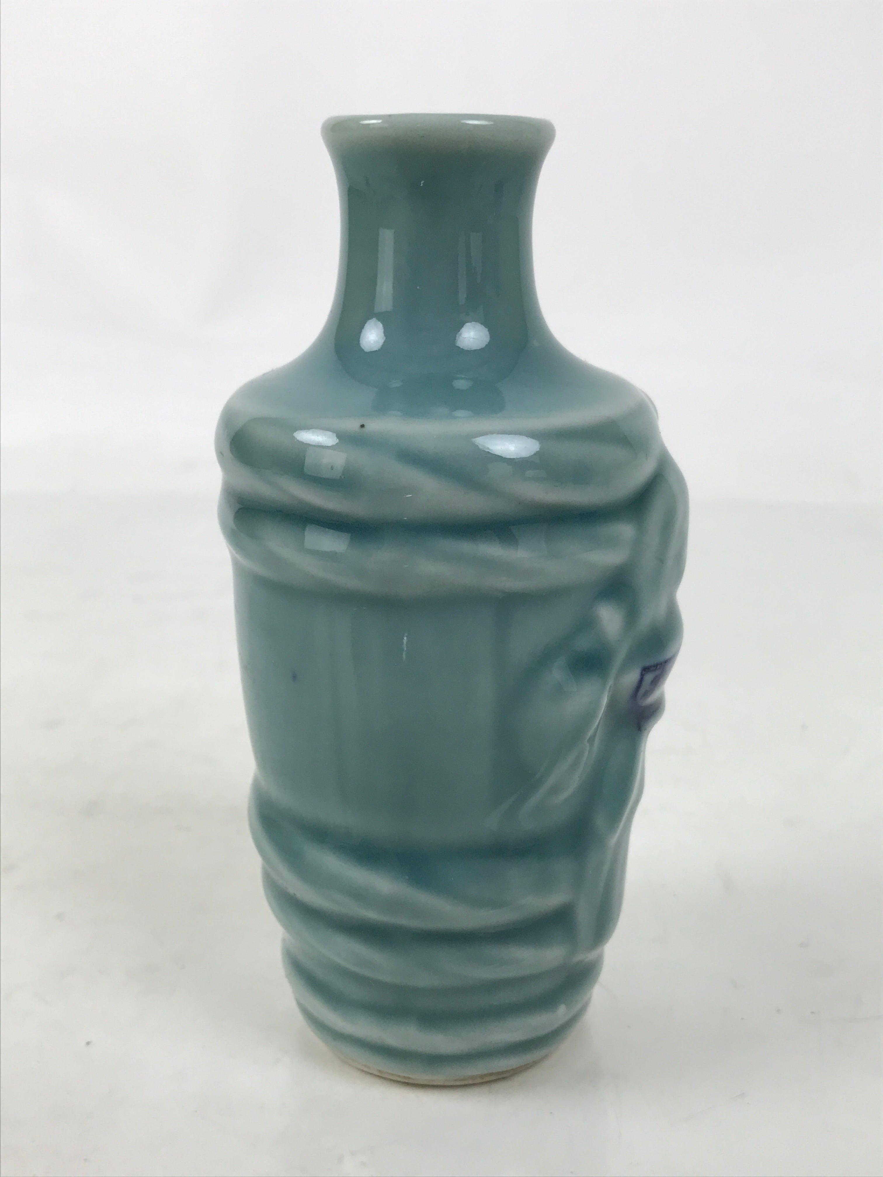 Japanese Porcelain Sake Bottle Tokkuri Vtg Celadon Blue Barrel Woman TS833