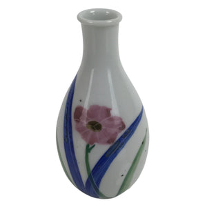 Japanese Porcelain Sake Bottle Tokkuri Vtg Ichi-Go Pink Flower White Blue TS713