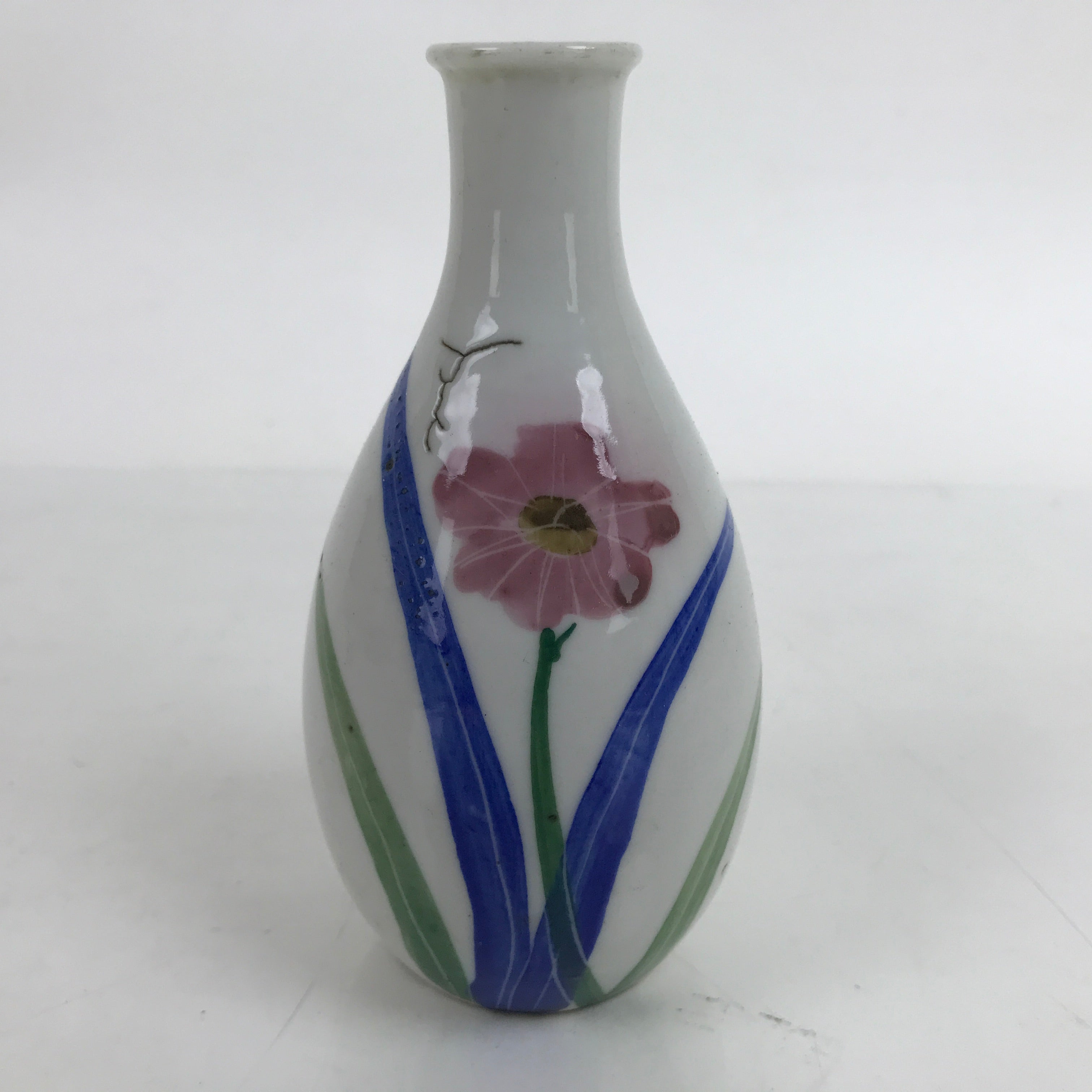 Japanese Porcelain Sake Bottle Tokkuri Vtg Ichi-Go Pink Flower White Blue TS714