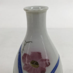 Japanese Porcelain Sake Bottle Tokkuri Vtg Ichi-Go Pink Flower White Blue TS714