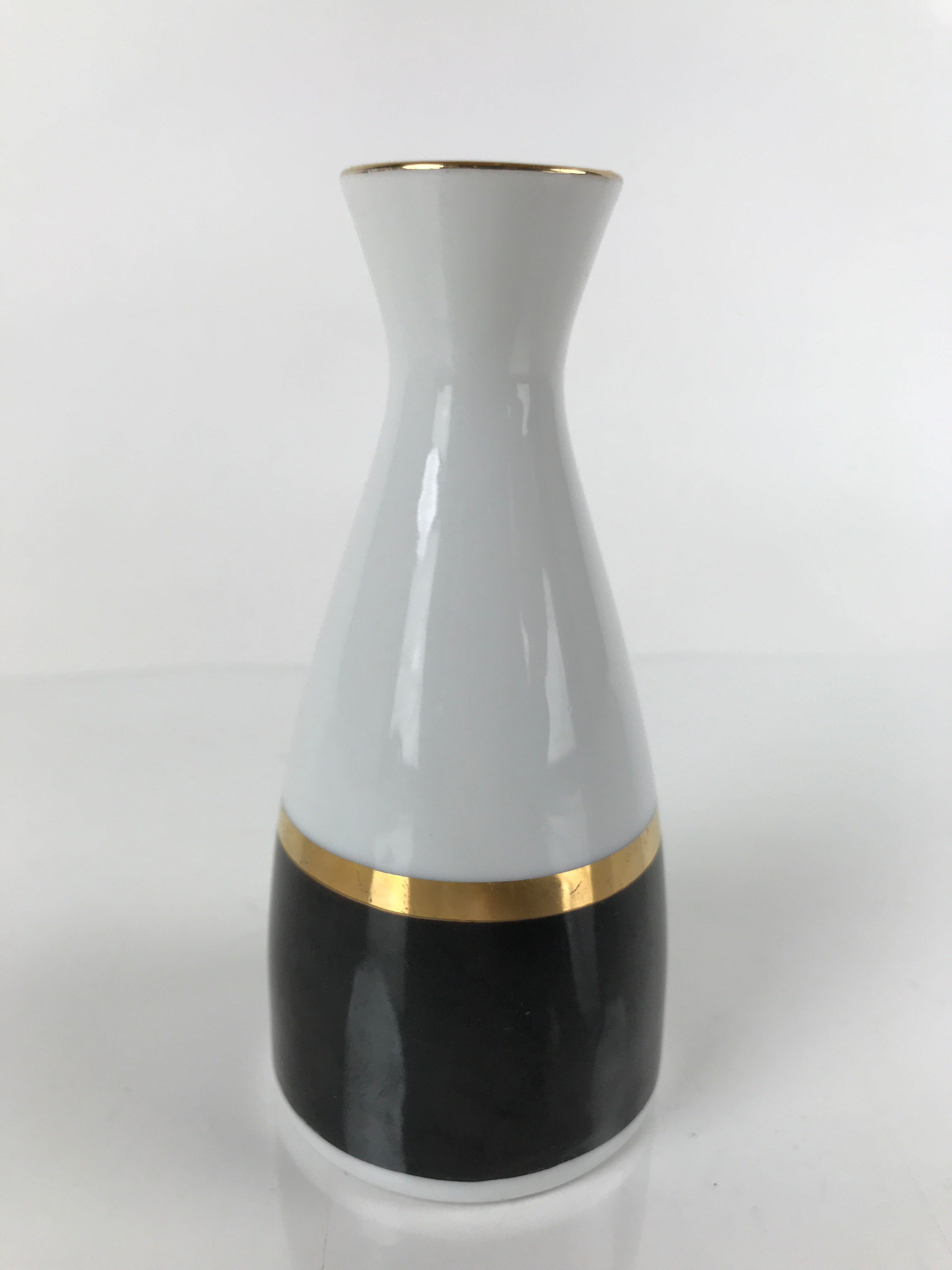 Japanese Porcelain Sake Bottle Tokkuri Vtg Ichi-Go Simple Black Gold White TS640