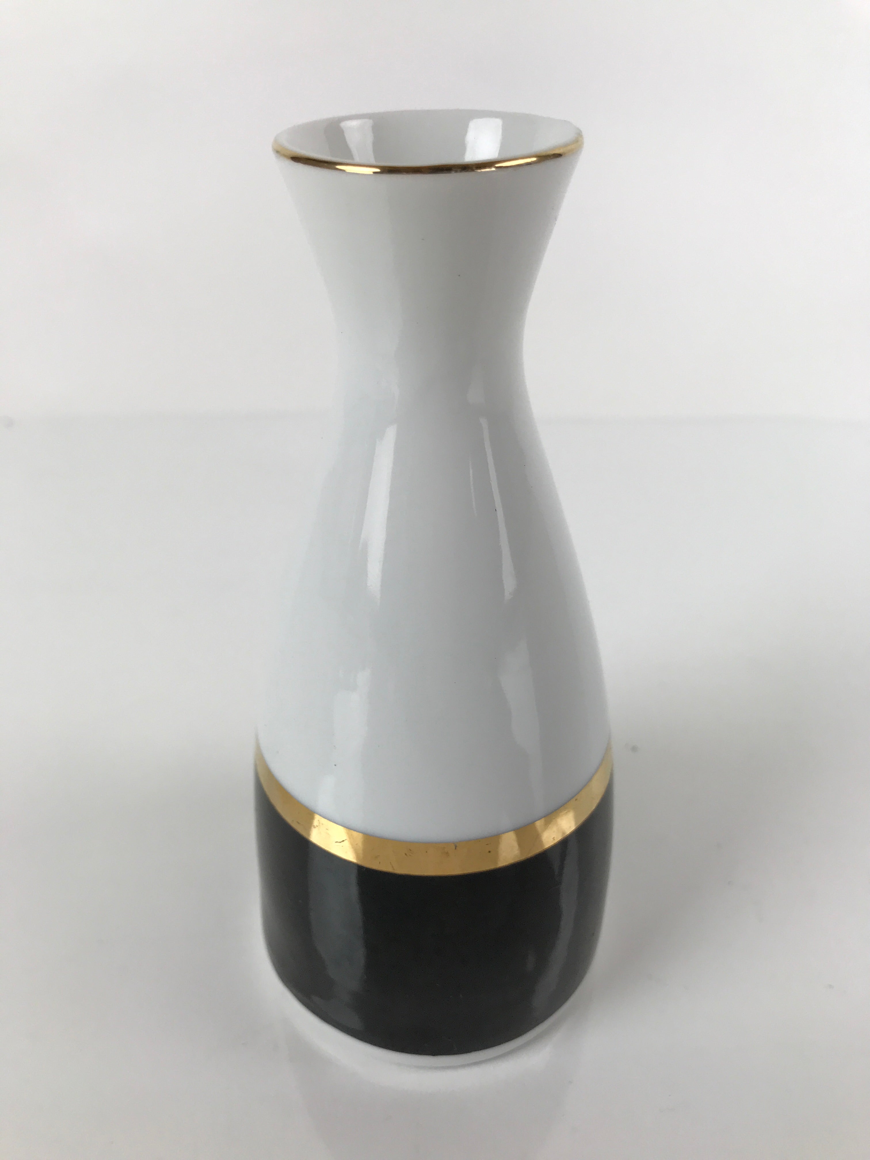 Japanese Porcelain Sake Bottle Tokkuri Vtg Ichi-Go Simple Black Gold White TS640