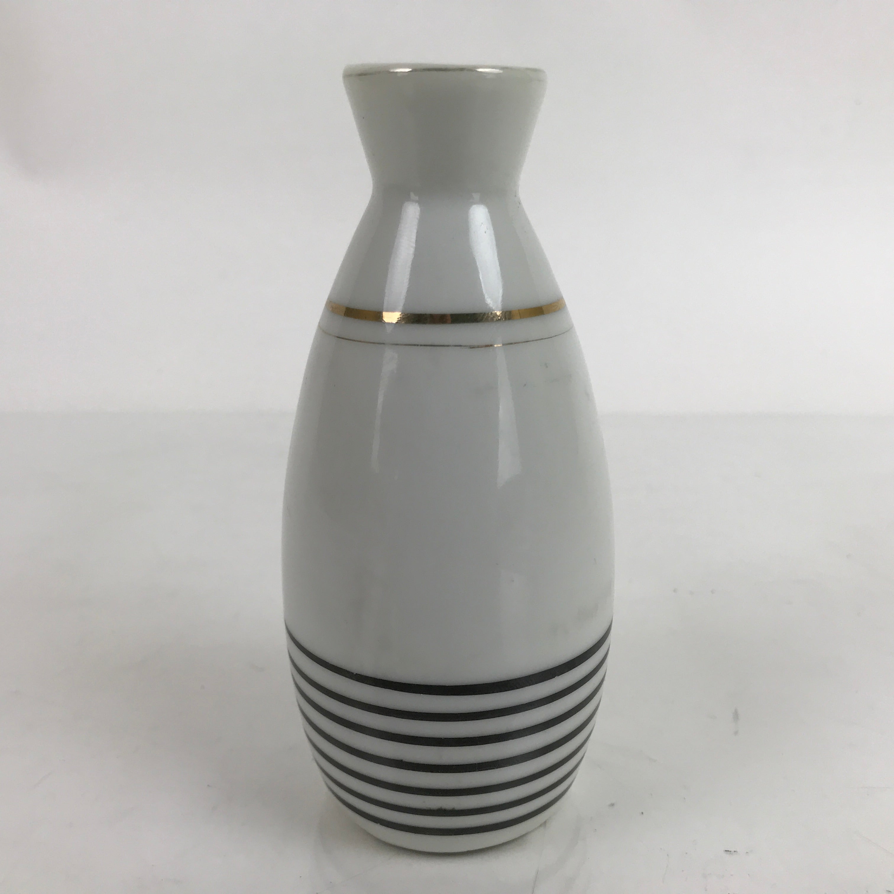 Japanese Porcelain Sake Bottle Tokkuri Vtg Ichi-Go White Gold Black Lines TS716