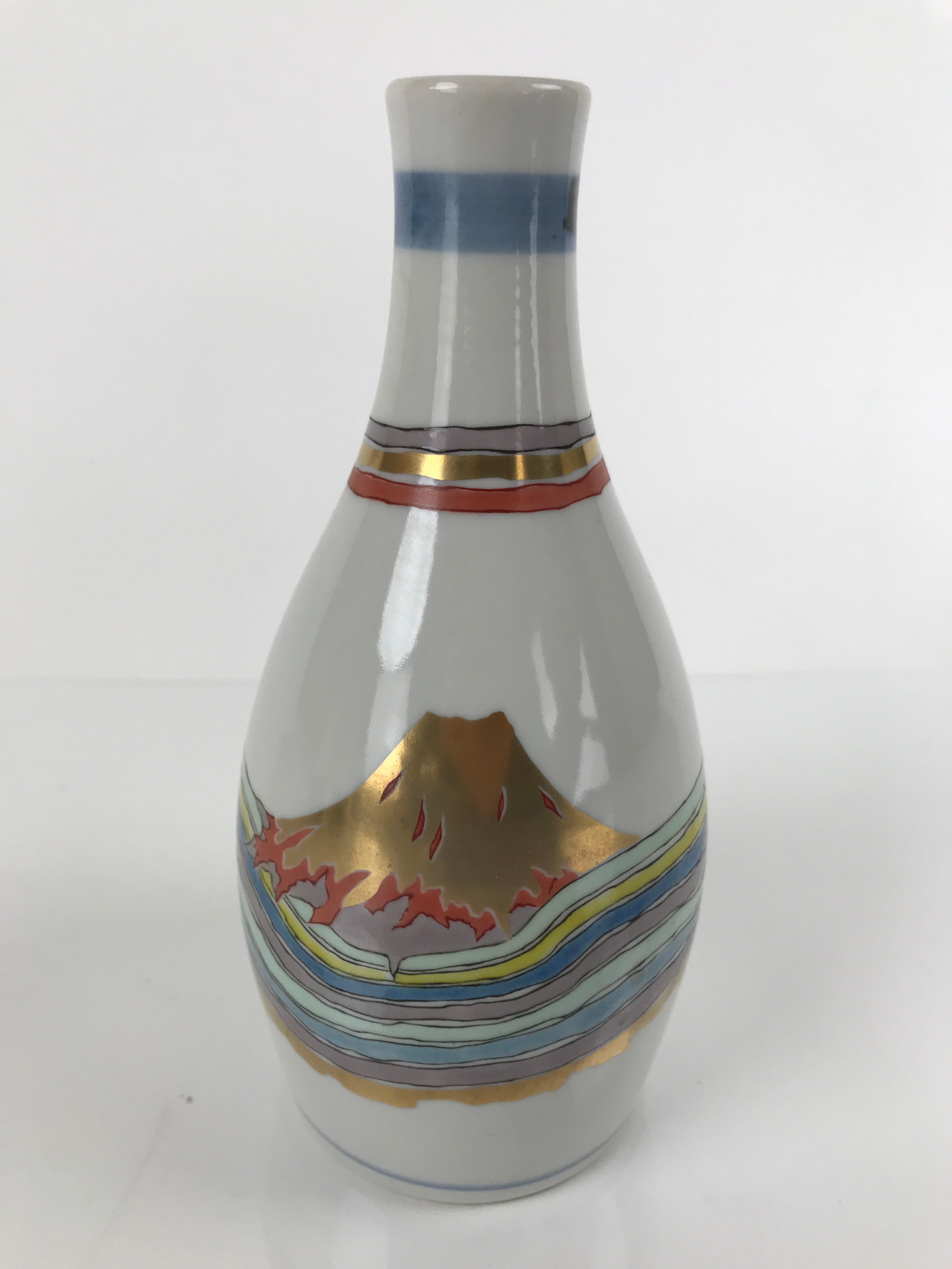 Japanese Porcelain Sake Bottle Tokkuri Vtg Jun Takekoshi Mt. Fuji Gold TS643