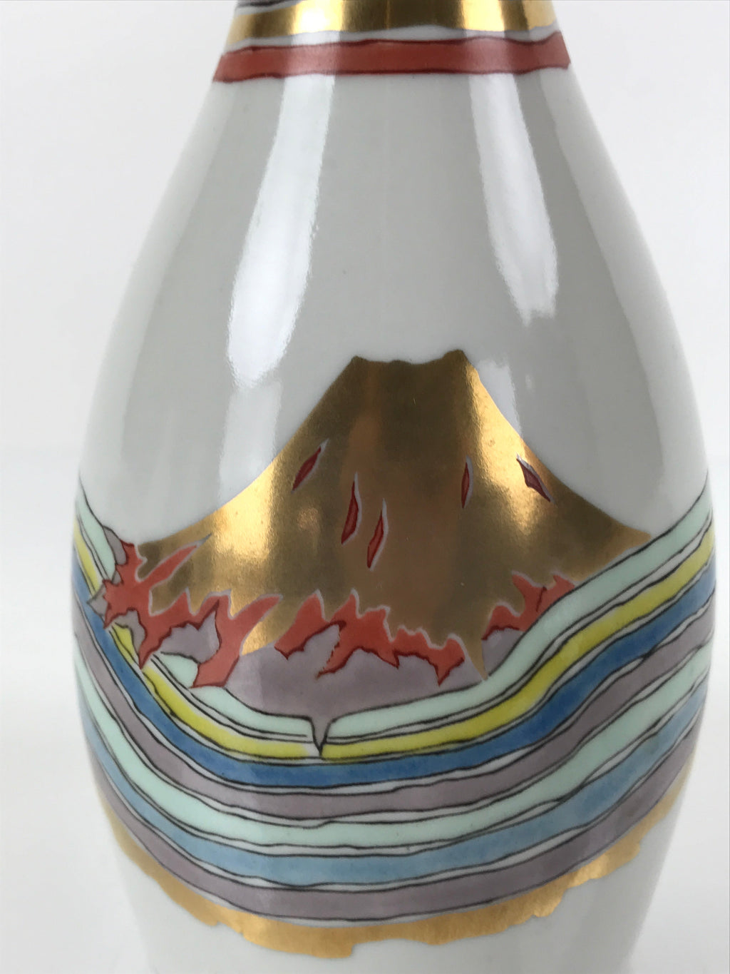 Japanese Porcelain Sake Bottle Tokkuri Vtg Jun Takekoshi Mt. Fuji Gold TS643