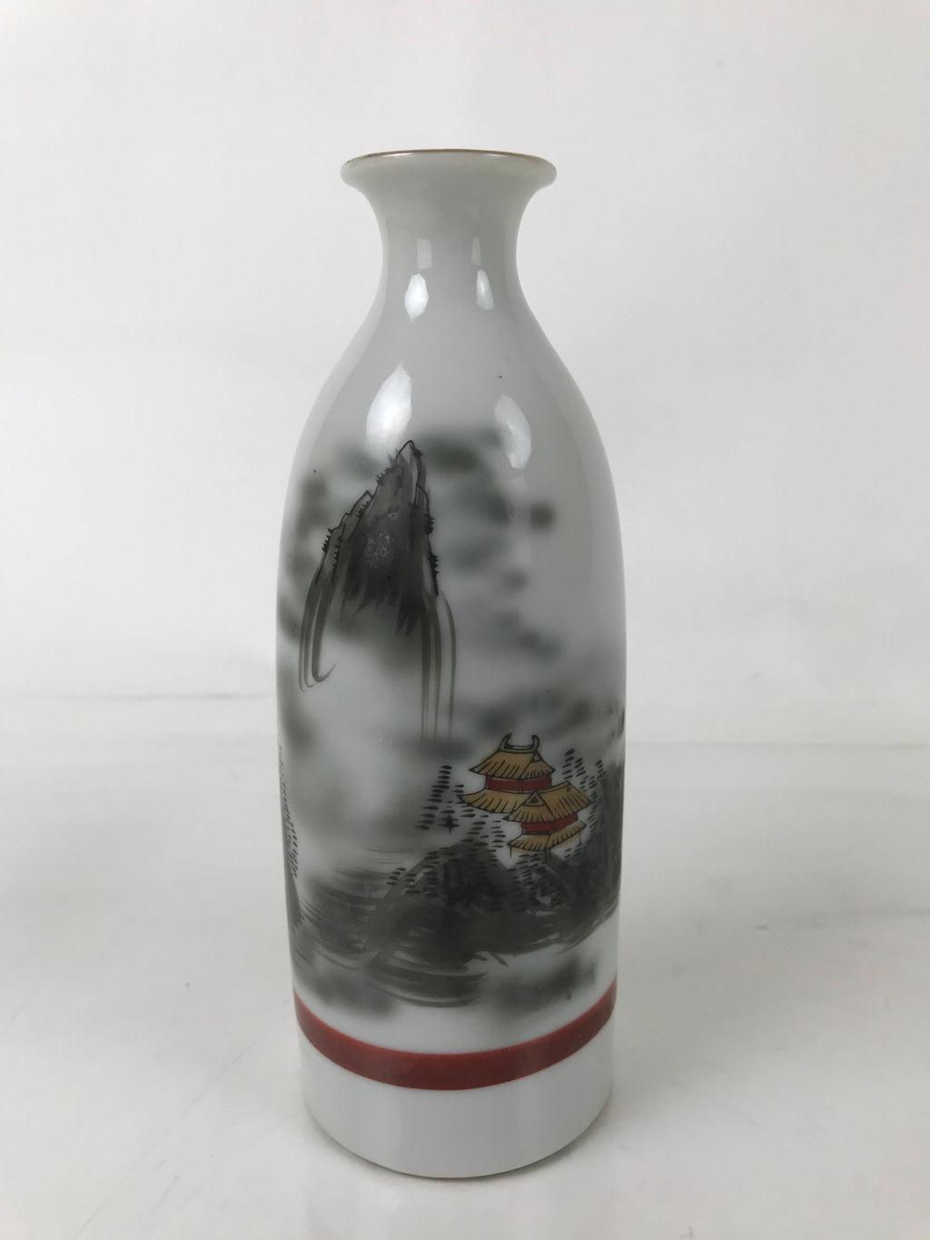 Japanese Porcelain Sake Bottle Tokkuri Vtg Mountains House Pagoda Fog TS772