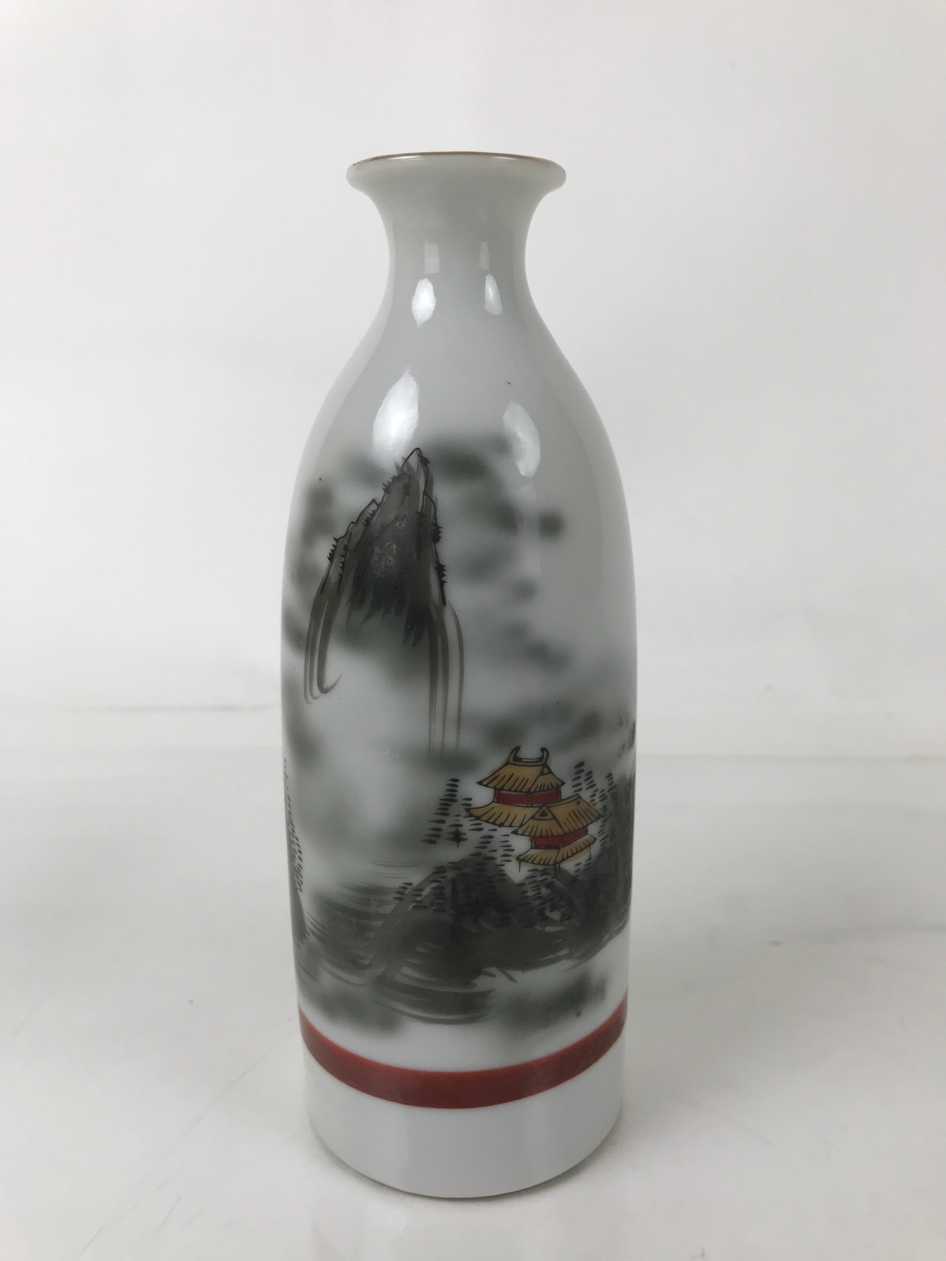 Japanese Porcelain Sake Bottle Tokkuri Vtg Mountains House Pagoda Fog TS772