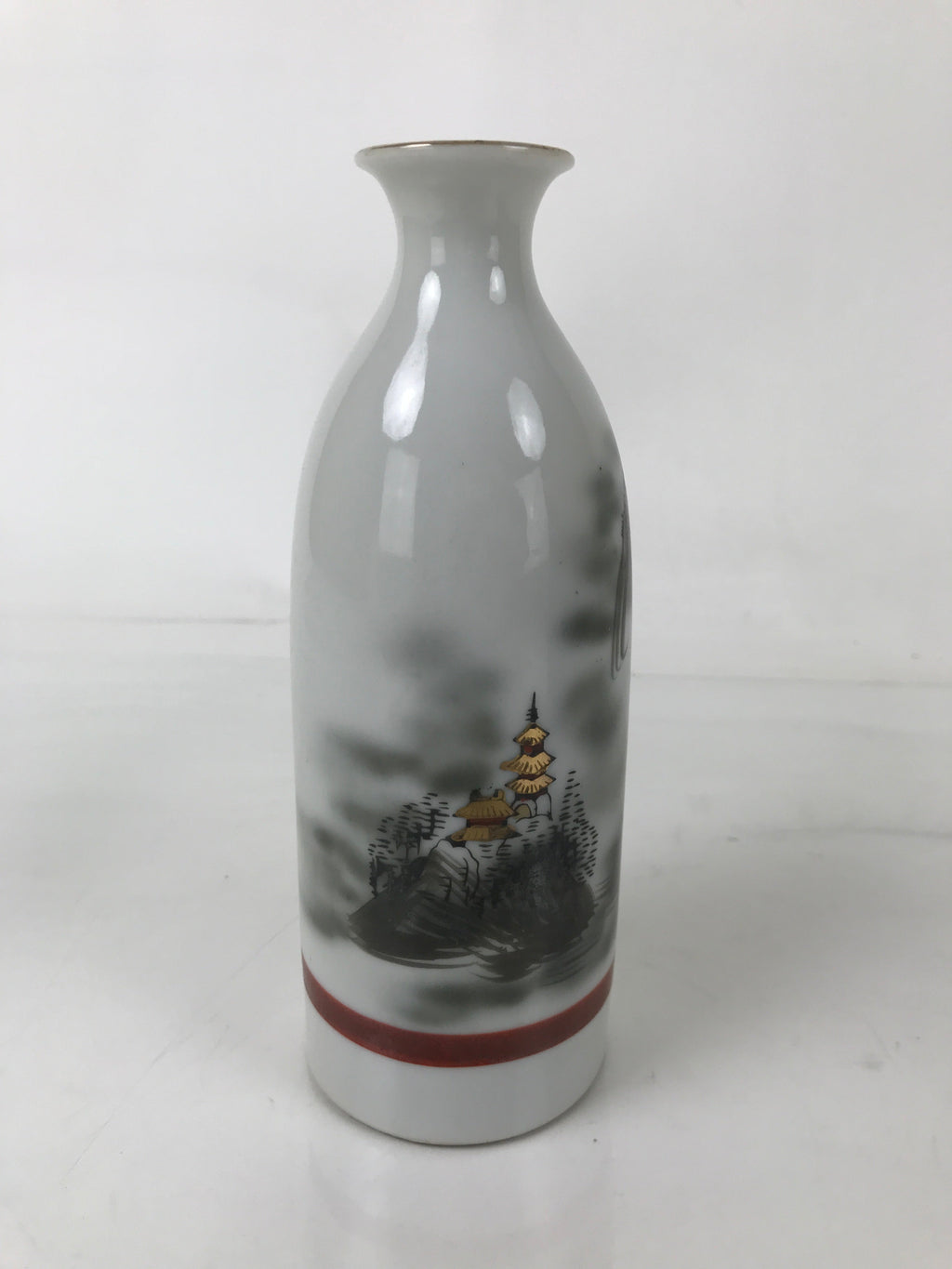 Japanese Porcelain Sake Bottle Tokkuri Vtg Mountains House Pagoda Fog TS772