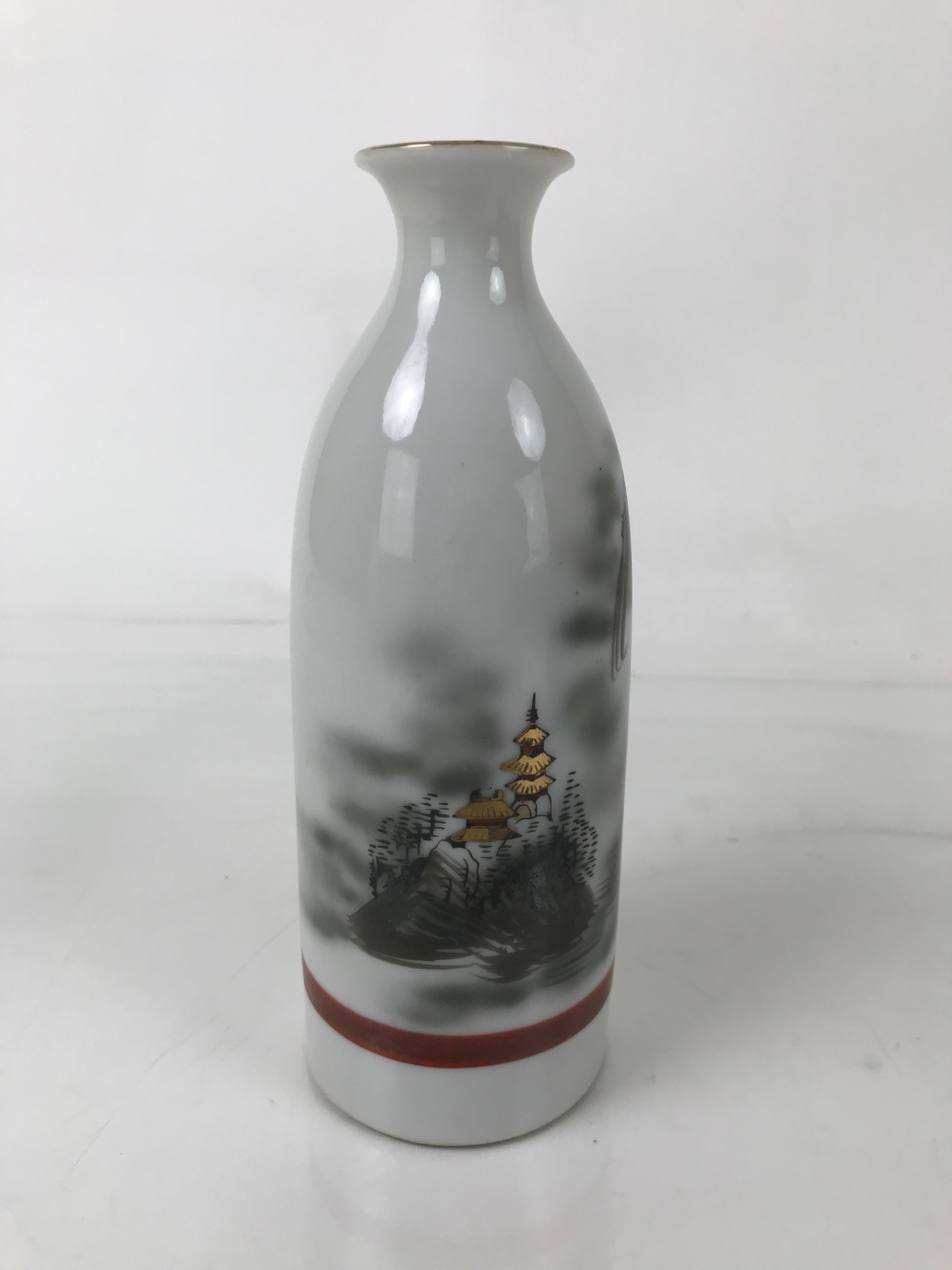 Japanese Porcelain Sake Bottle Tokkuri Vtg Mountains House Pagoda Fog TS772