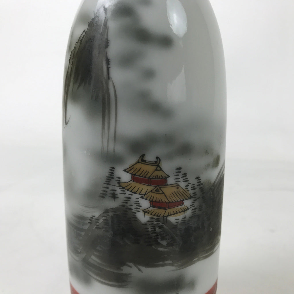 Japanese Porcelain Sake Bottle Tokkuri Vtg Mountains House Pagoda Fog TS772