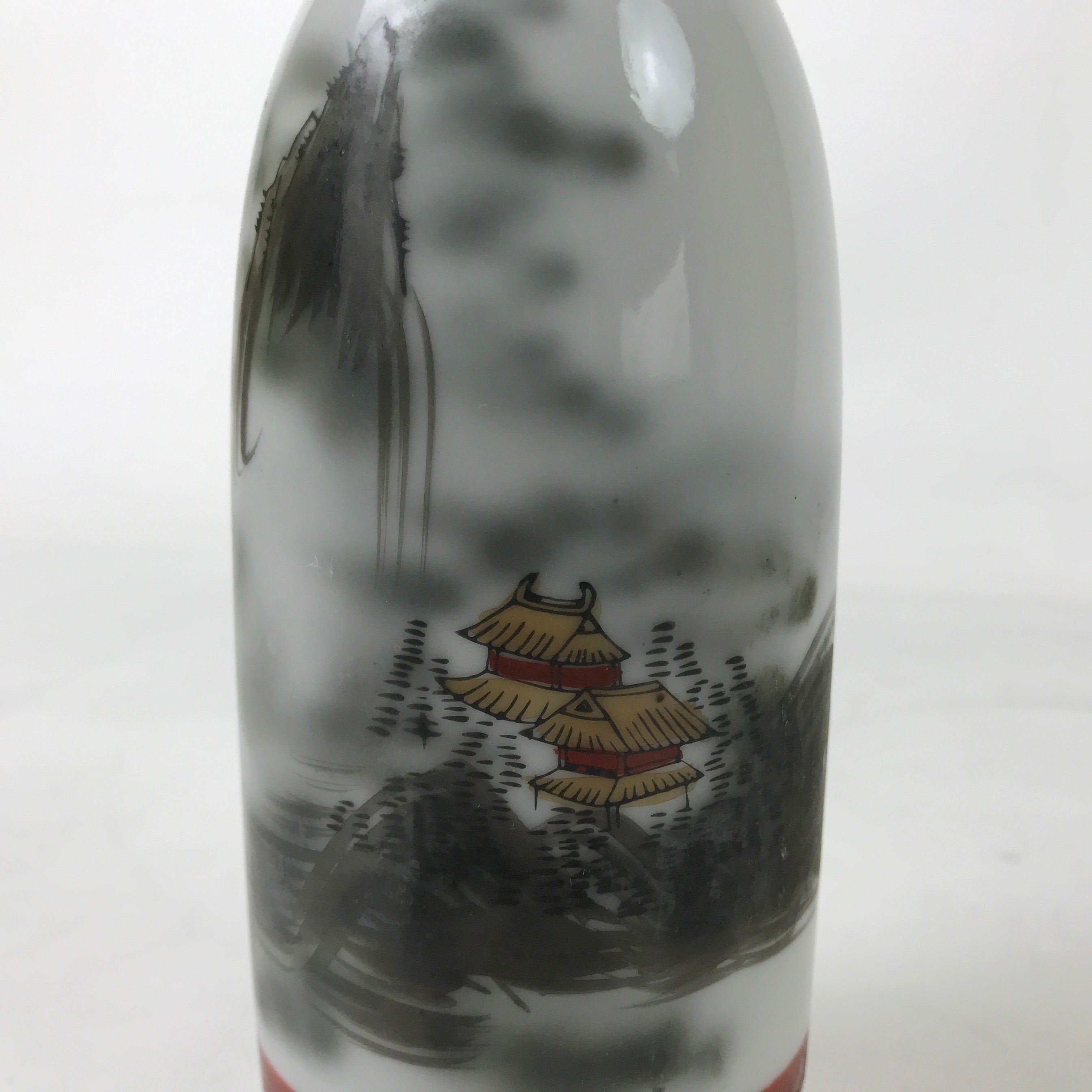 Japanese Porcelain Sake Bottle Tokkuri Vtg Mountains House Pagoda Fog TS772