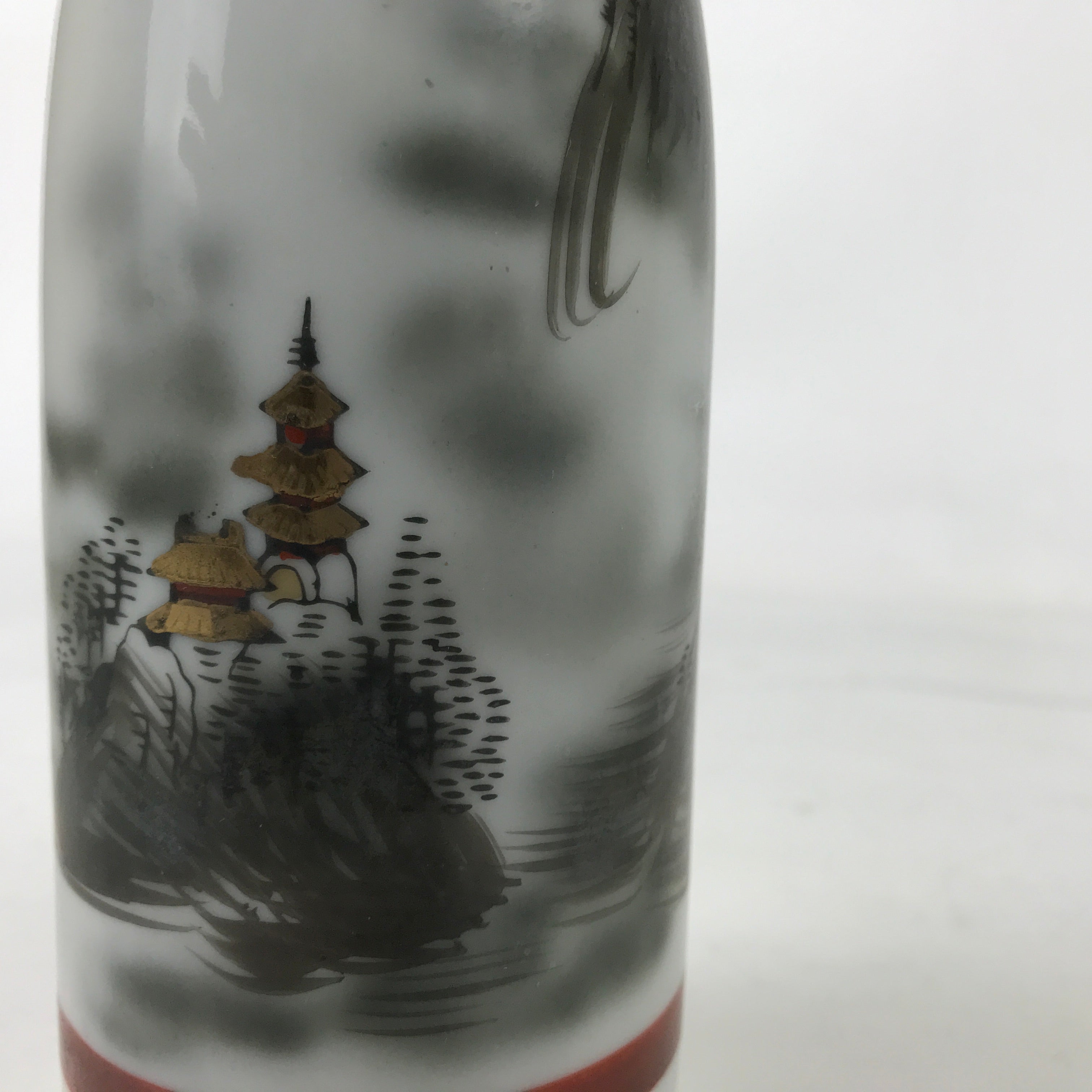 Japanese Porcelain Sake Bottle Tokkuri Vtg Mountains House Pagoda Fog TS772