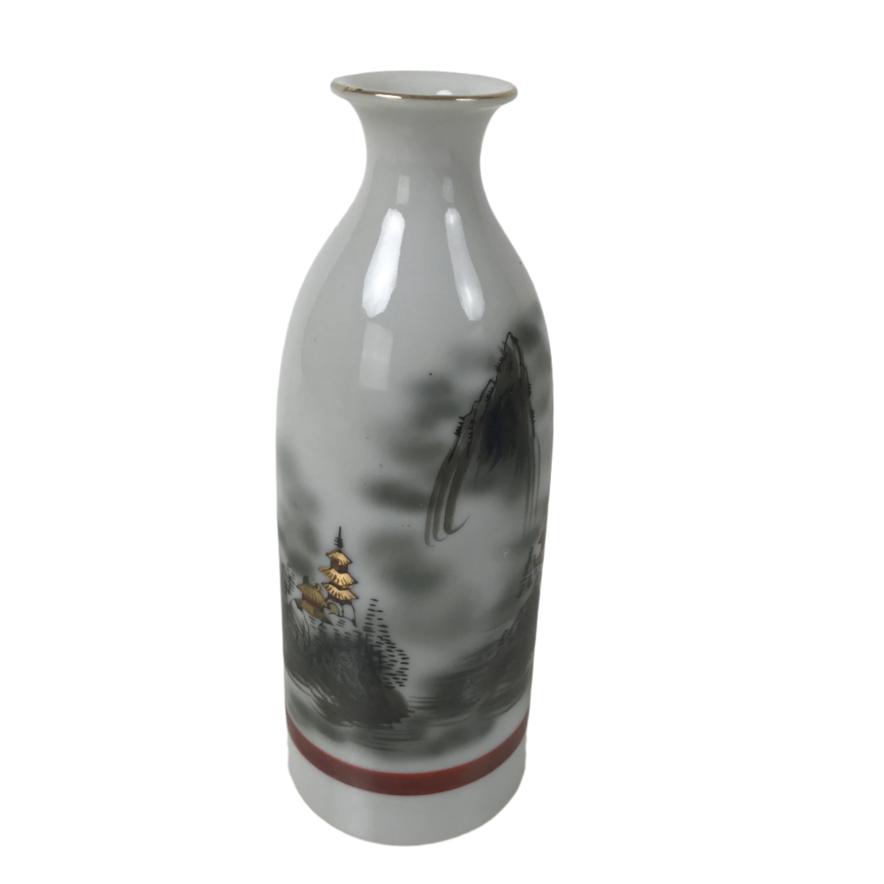Japanese Porcelain Sake Bottle Tokkuri Vtg Mountains House Pagoda Fog TS772