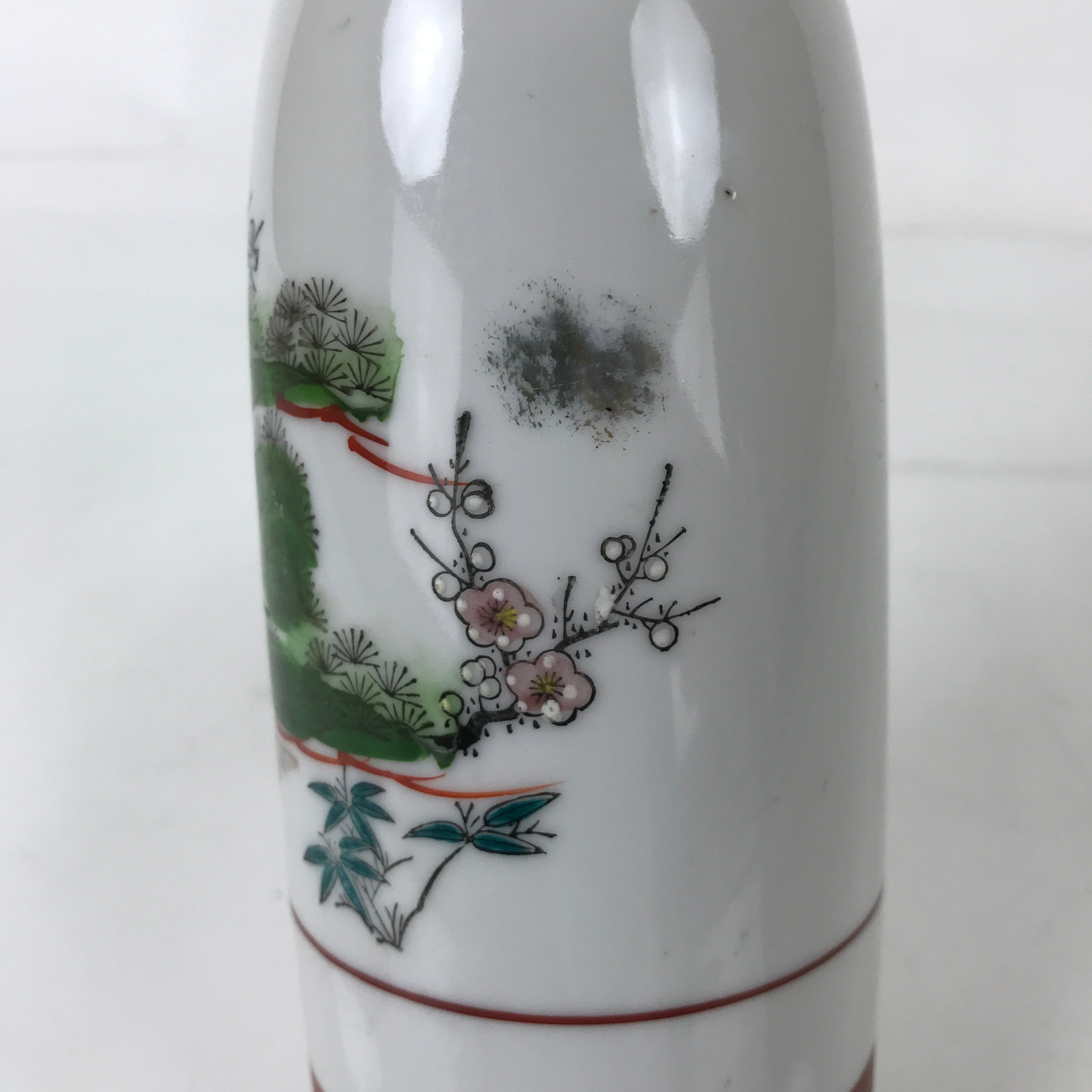 Japanese Porcelain Sake Bottle Tokkuri Vtg Plum Blossoms Pine Tree Bamboo TS773