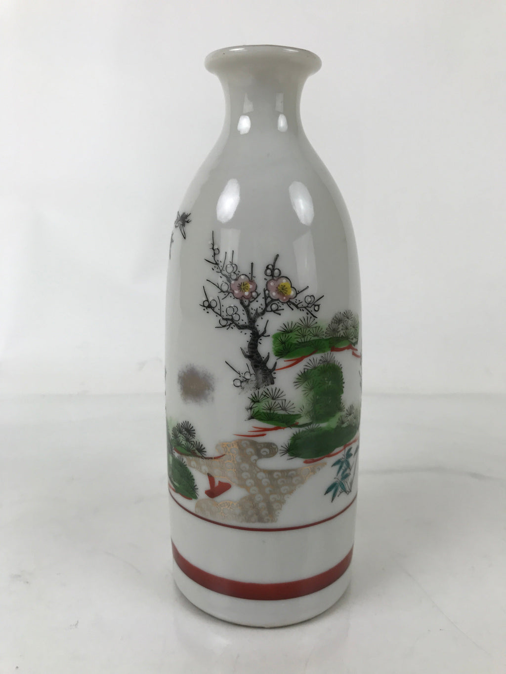 Japanese Porcelain Sake Bottle Tokkuri Vtg Plum Blossoms Pine Tree Bamboo TS773