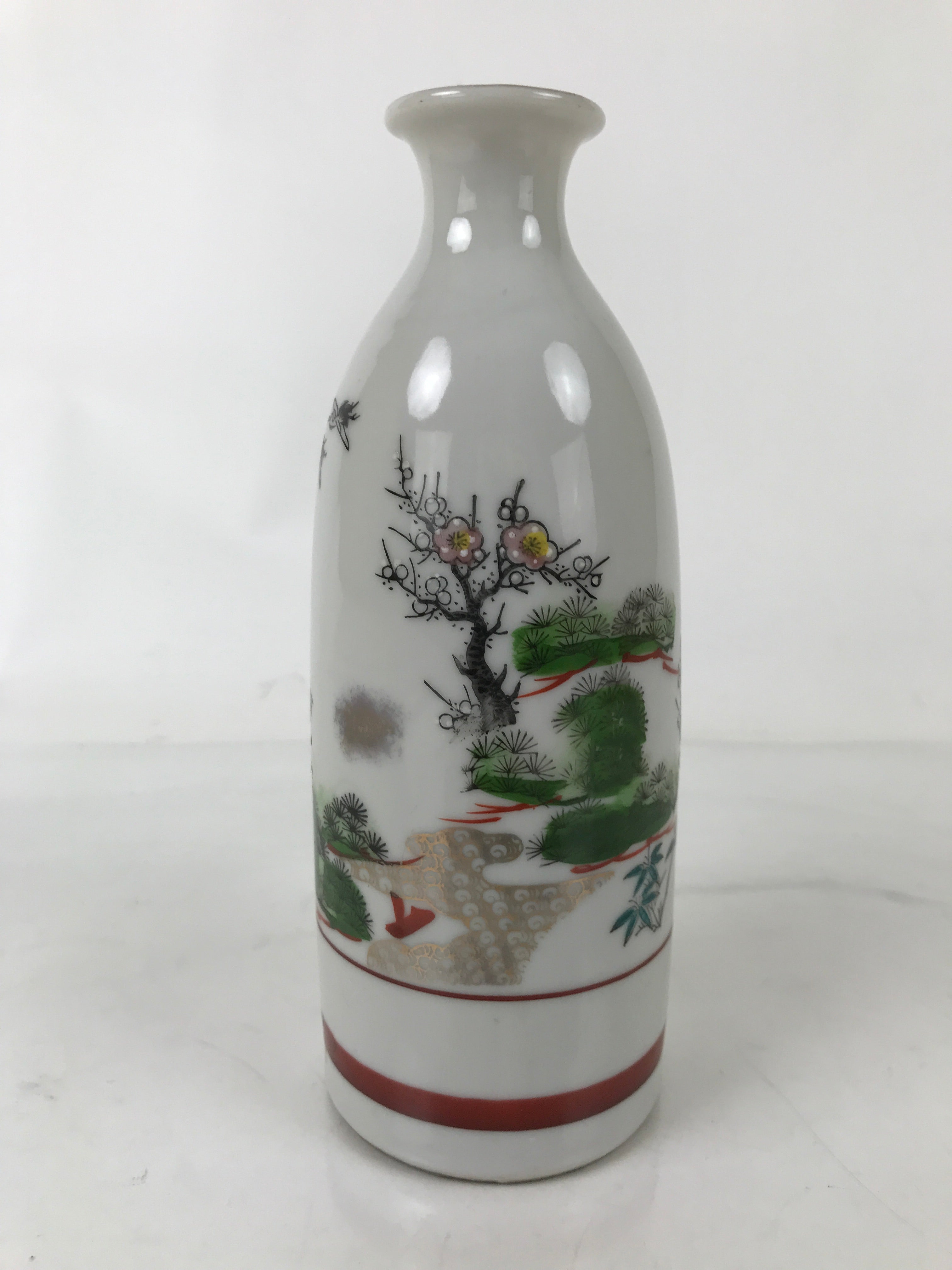Japanese Porcelain Sake Bottle Tokkuri Vtg Plum Blossoms Pine Tree Bamboo TS773