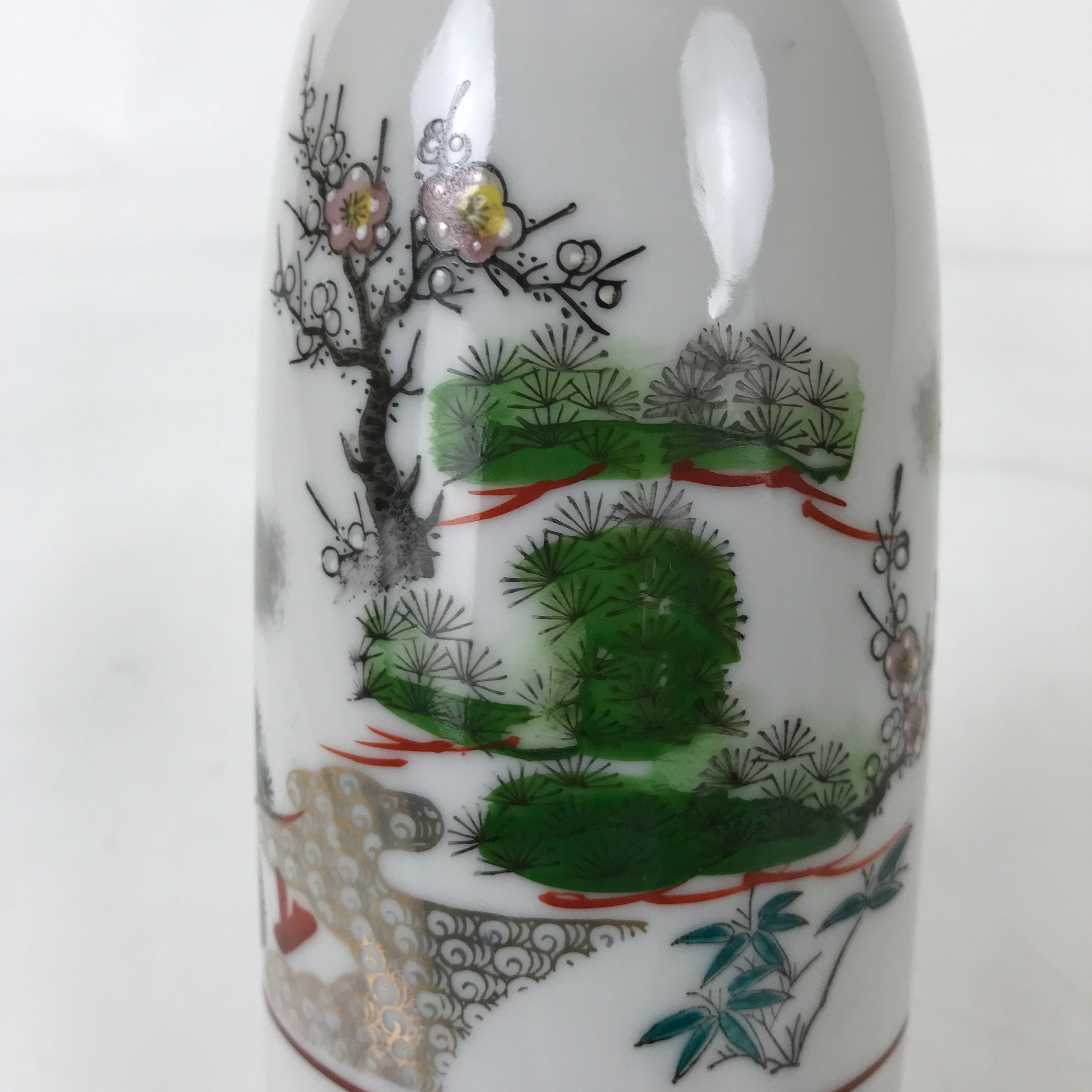 Japanese Porcelain Sake Bottle Tokkuri Vtg Plum Blossoms Pine Tree Bamboo TS773