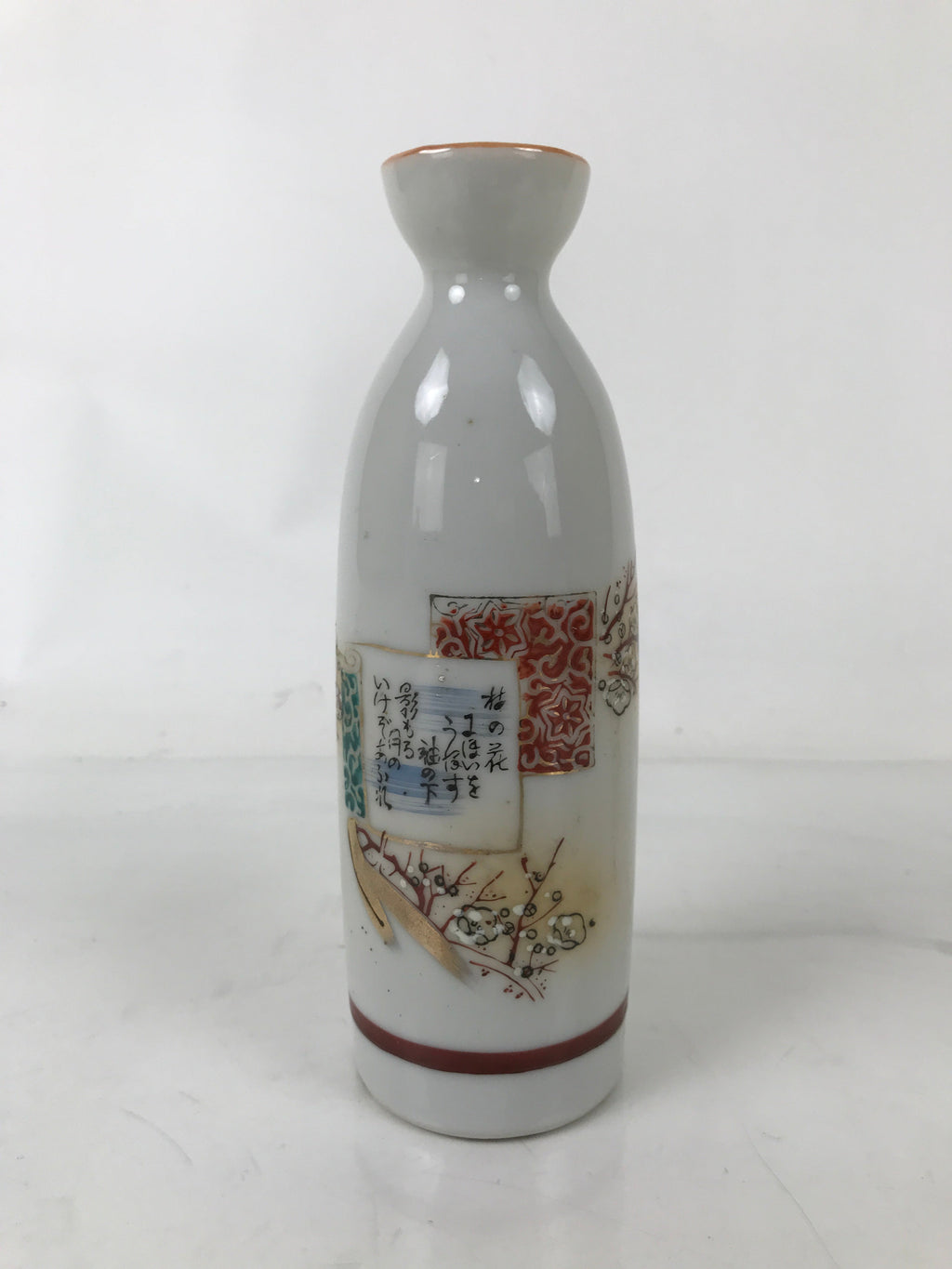 Japanese Porcelain Sake Bottle Tokkuri Vtg Plum Blossoms Tanka Poem Red TS771