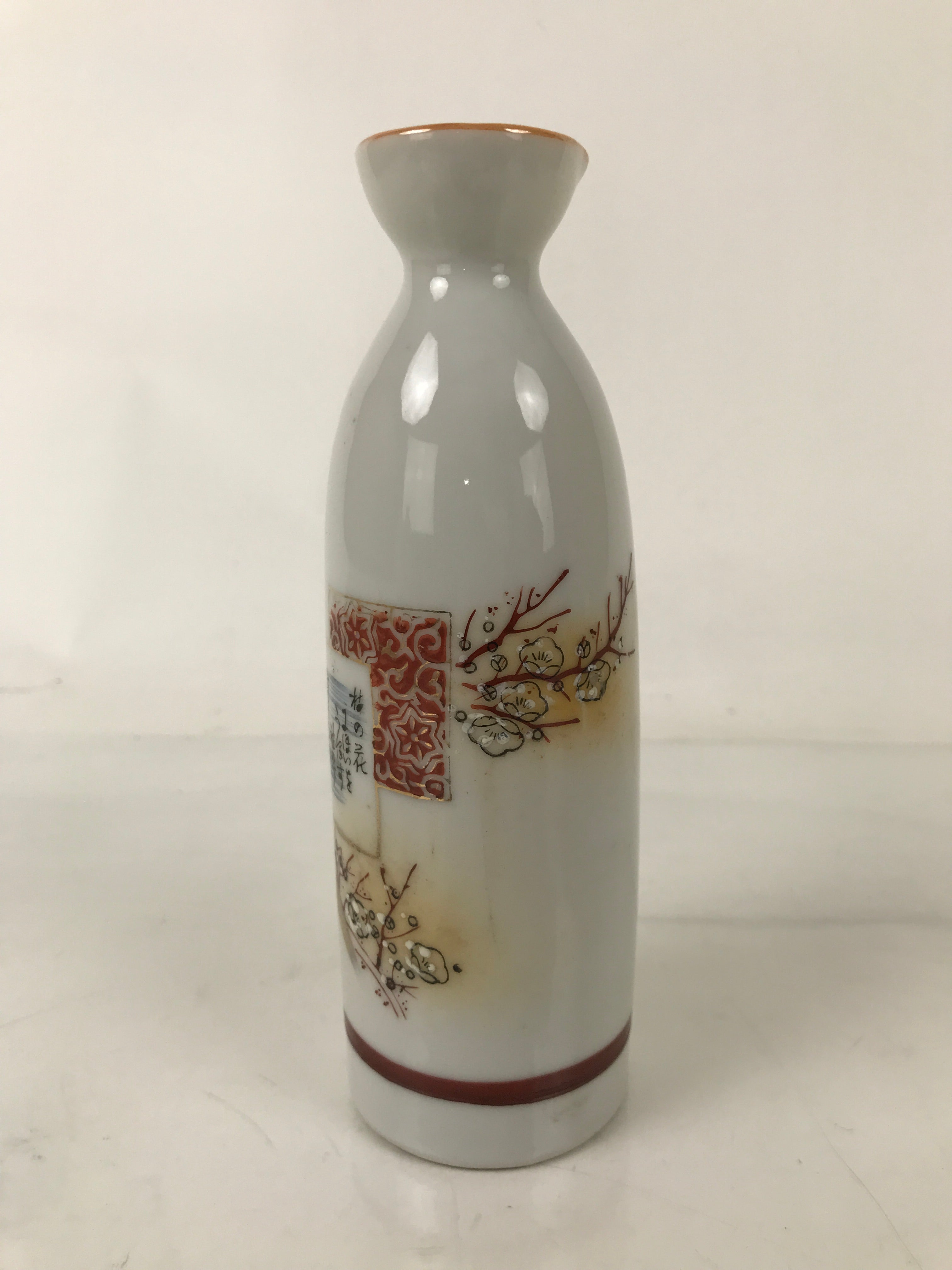 Japanese Porcelain Sake Bottle Tokkuri Vtg Plum Blossoms Tanka Poem Red TS771