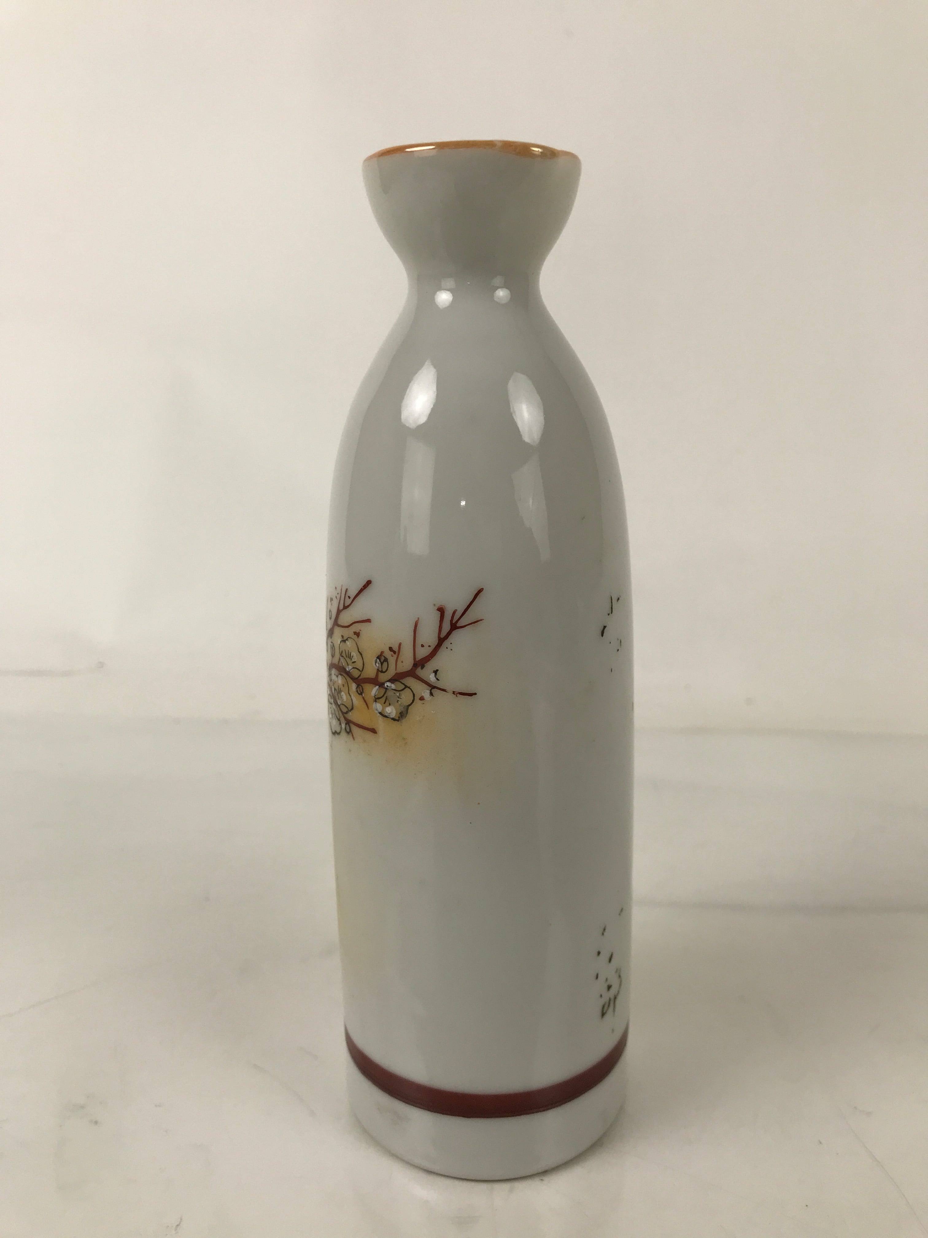 Japanese Porcelain Sake Bottle Tokkuri Vtg Plum Blossoms Tanka Poem Red TS771