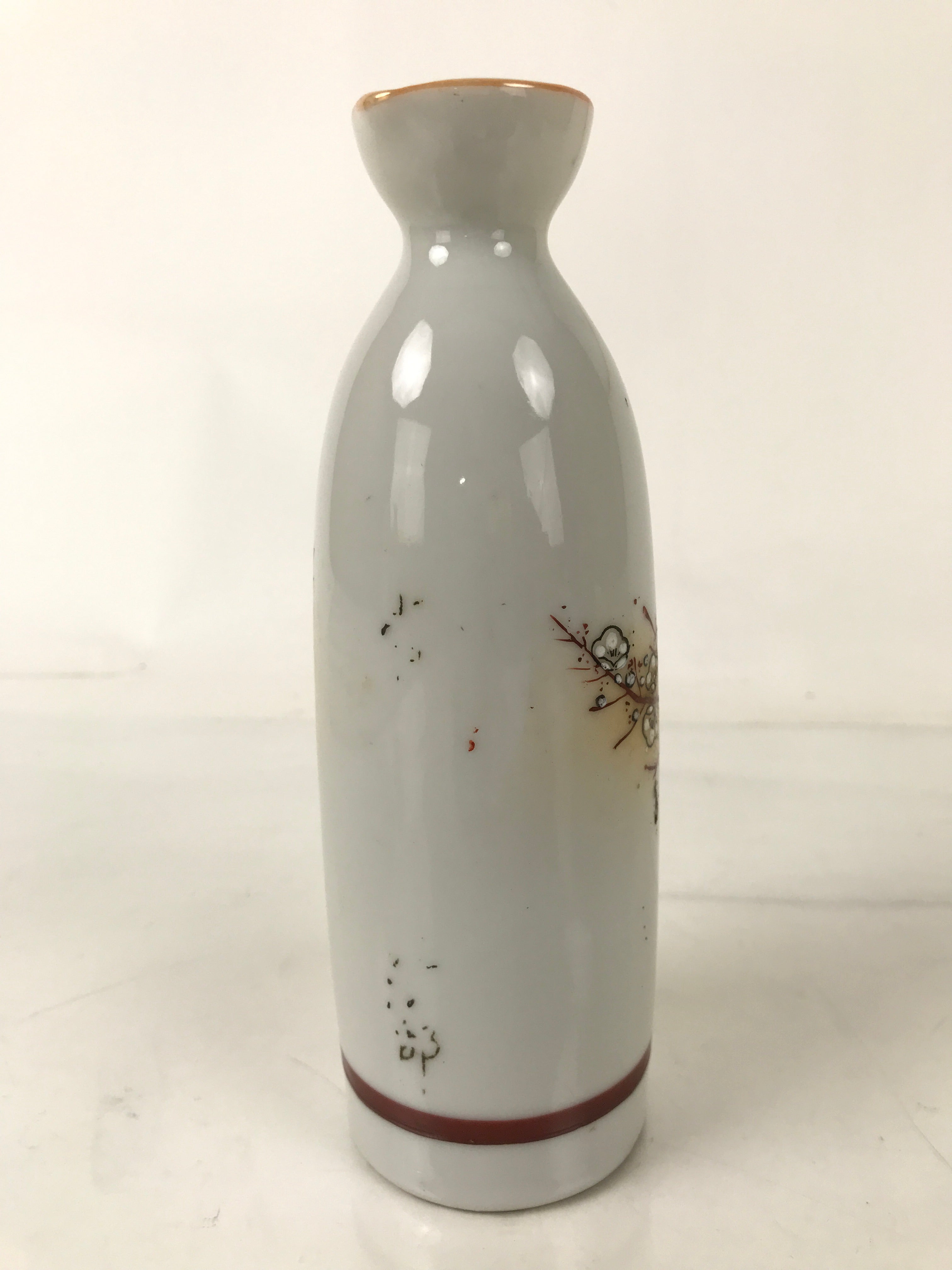 Japanese Porcelain Sake Bottle Tokkuri Vtg Plum Blossoms Tanka Poem Red TS771