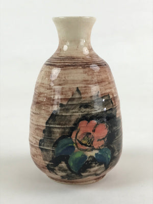 Japanese Porcelain Sake Bottle Tokkuri Vtg Poem Pink Camellia Brown Vase TS503