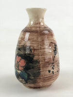 Japanese Porcelain Sake Bottle Tokkuri Vtg Poem Pink Camellia Brown Vase TS503