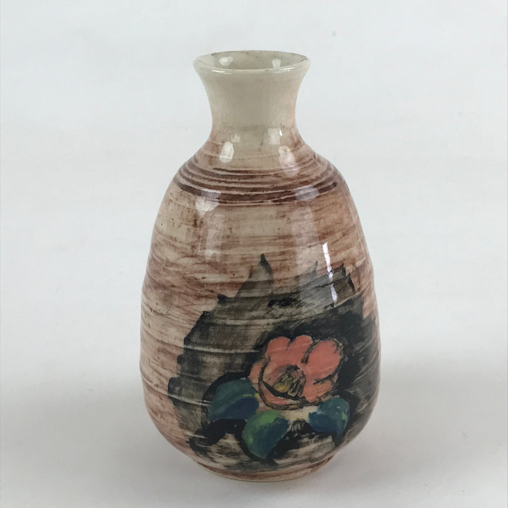 Japanese Porcelain Sake Bottle Tokkuri Vtg Poem Pink Camellia Brown Vase TS503