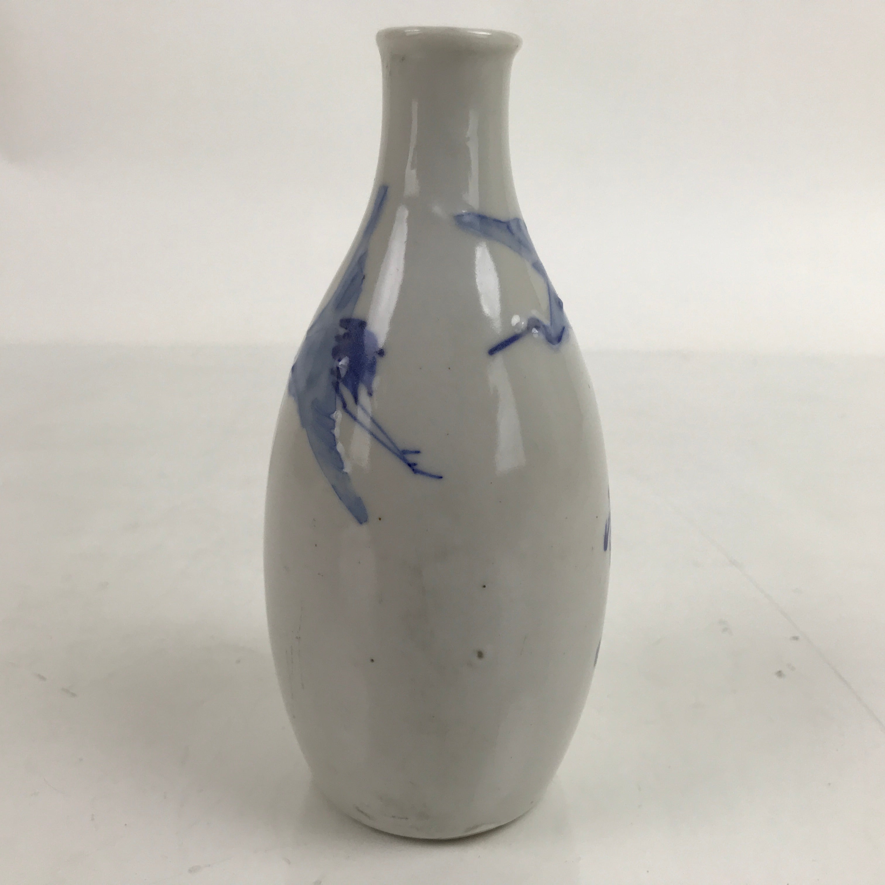 Japanese Porcelain Sake Bottle Tokkuri Vtg Tsuru Cranes White Blue TS728