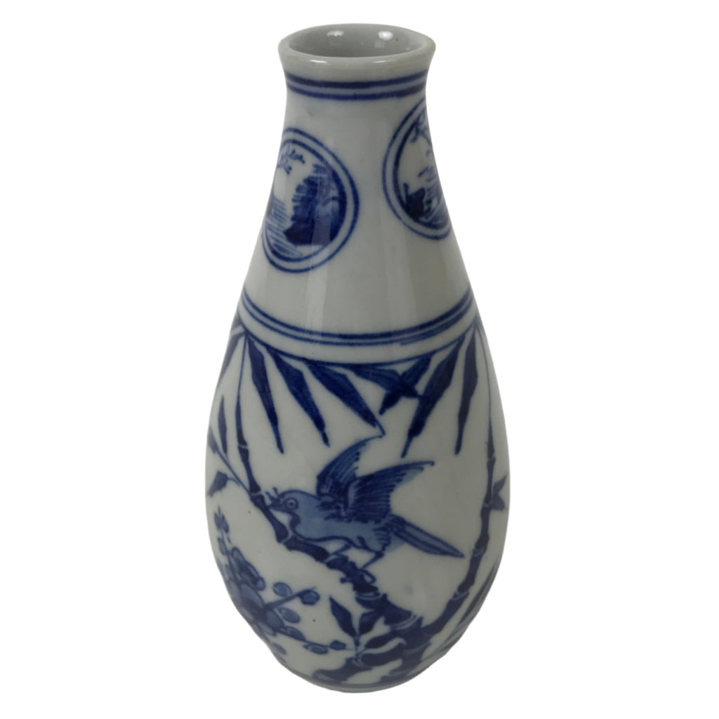 Japanese Porcelain Sake Bottle Tokkuri Vtg White Blue Sometsuke Pine Plum TS825