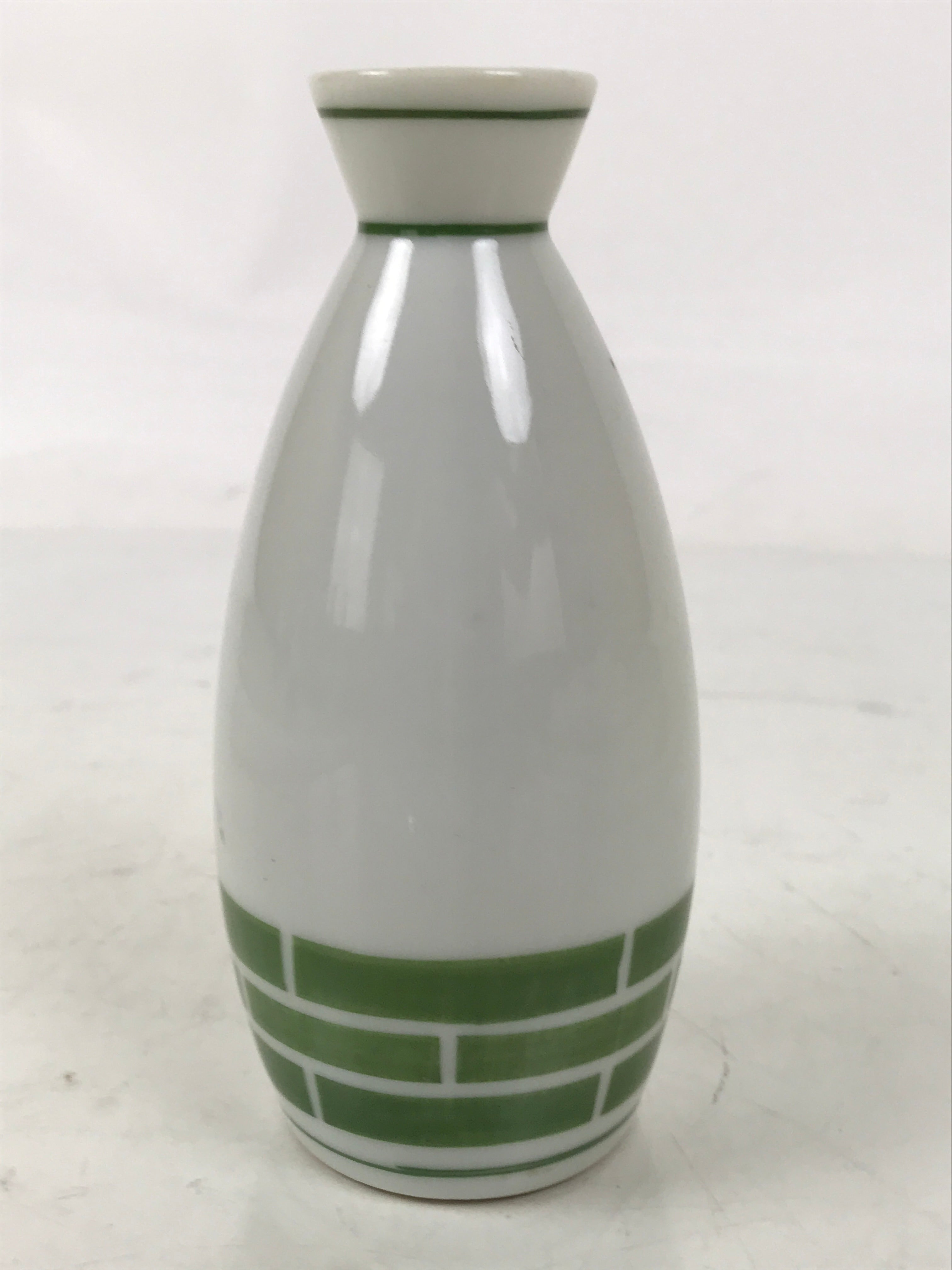 Japanese Porcelain Sake Bottle Tokkuri Vtg White Green Line Brick Pattern TS823