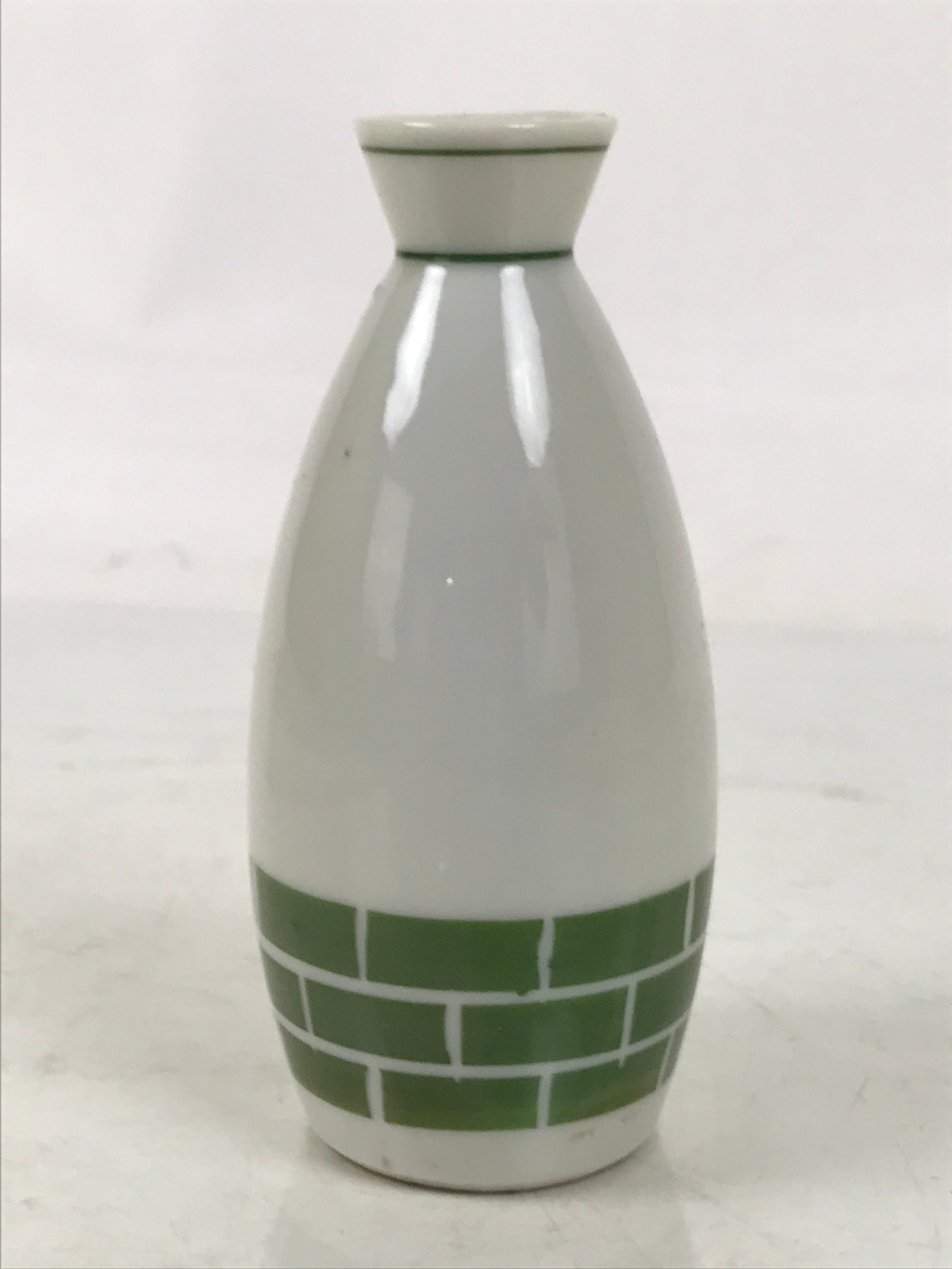 Japanese Porcelain Sake Bottle Tokkuri Vtg White Green Line Brick Pattern TS824