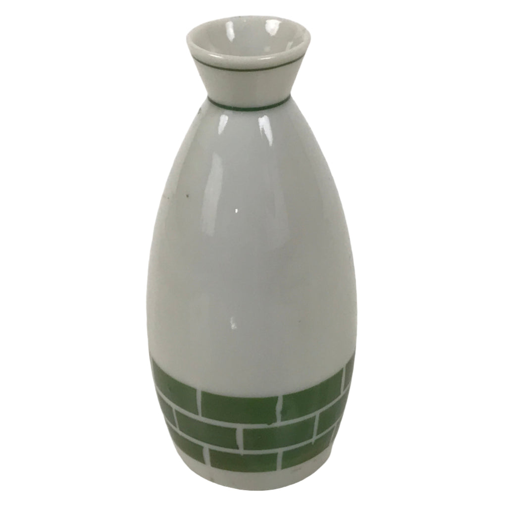 Japanese Porcelain Sake Bottle Tokkuri Vtg White Green Line Brick Pattern TS824
