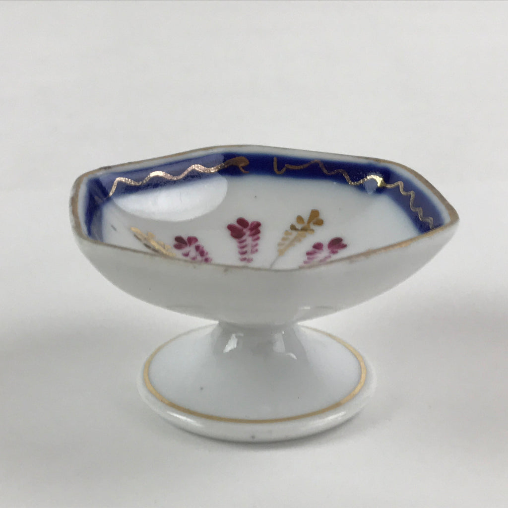 Japanese Porcelain Sake Cup Hexagonal Vtg Guinomi Floral Pattern Blue Gold G92