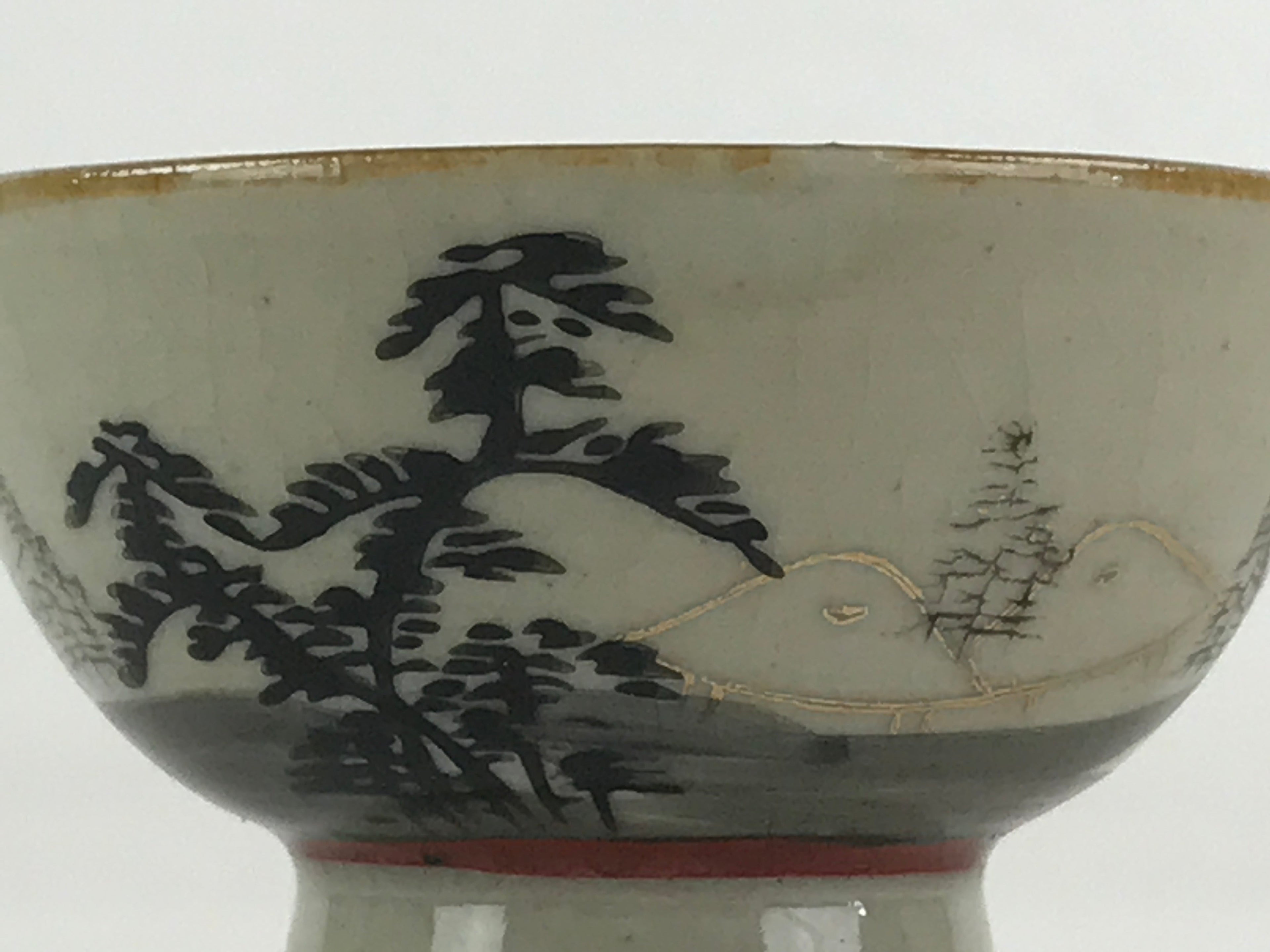 Japanese Porcelain Sake Cup Kutani Ware Beige Gold Guinomi Mountain Forest G85