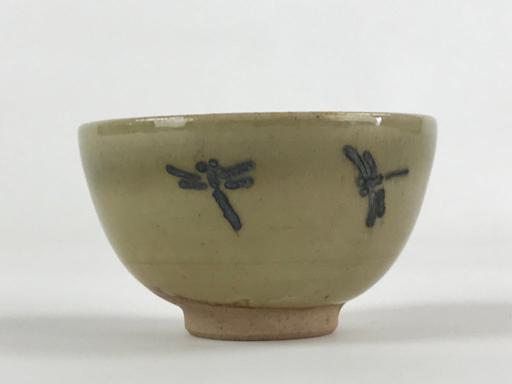 Japanese Porcelain Sake Cup Kutani Ware Dragonfly Plants Guinomi Beige Blue G86