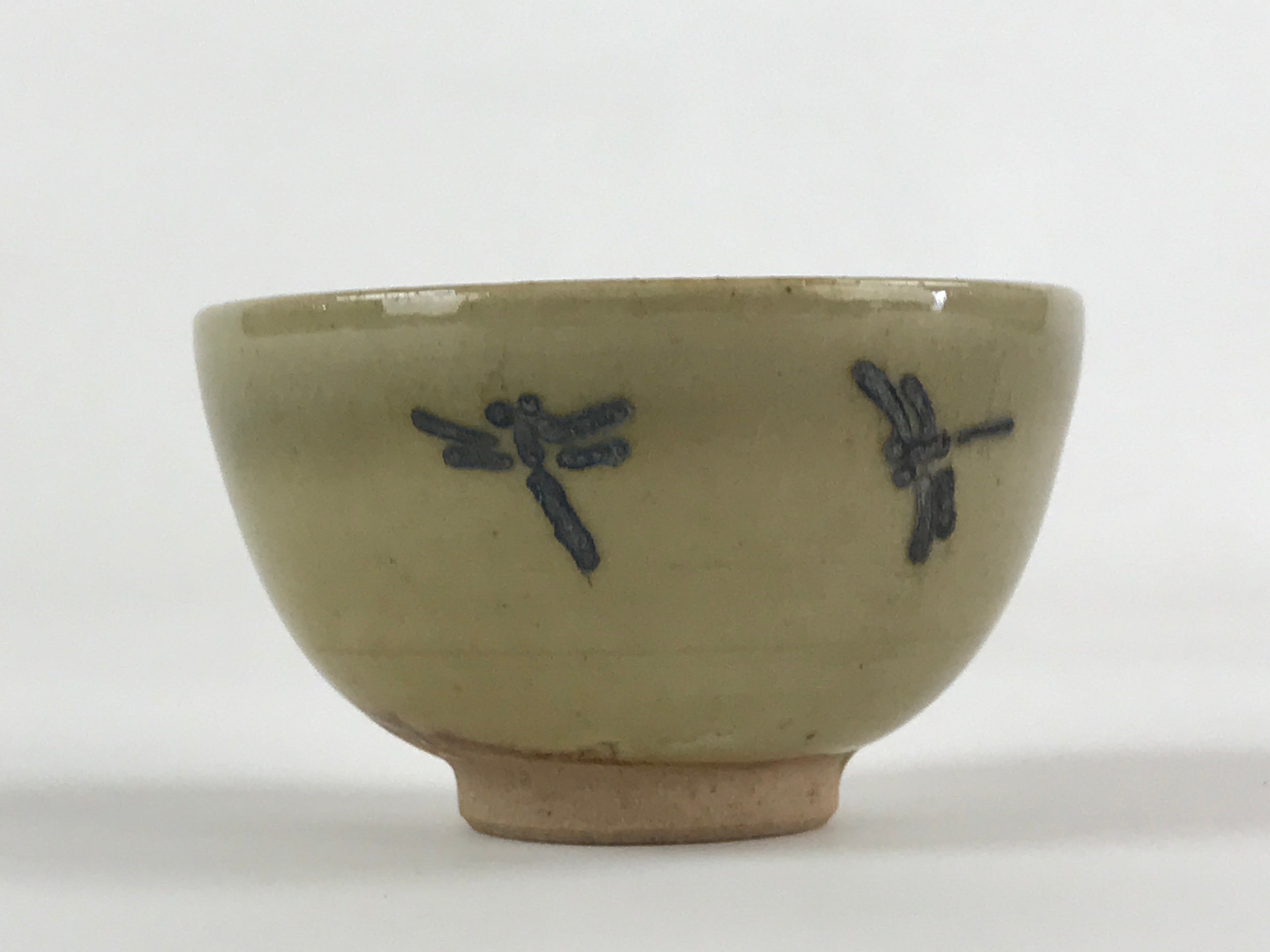 Japanese Porcelain Sake Cup Kutani Ware Dragonfly Plants Guinomi Beige Blue G86