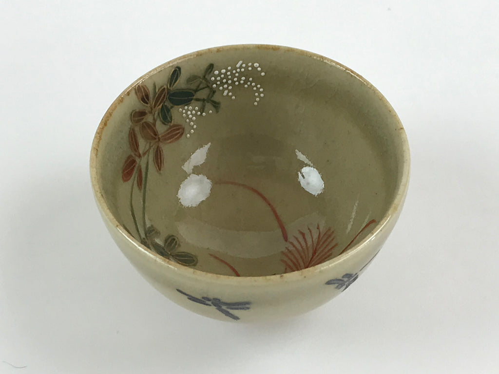 Japanese Porcelain Sake Cup Kutani Ware Dragonfly Plants Guinomi Beige Blue G86