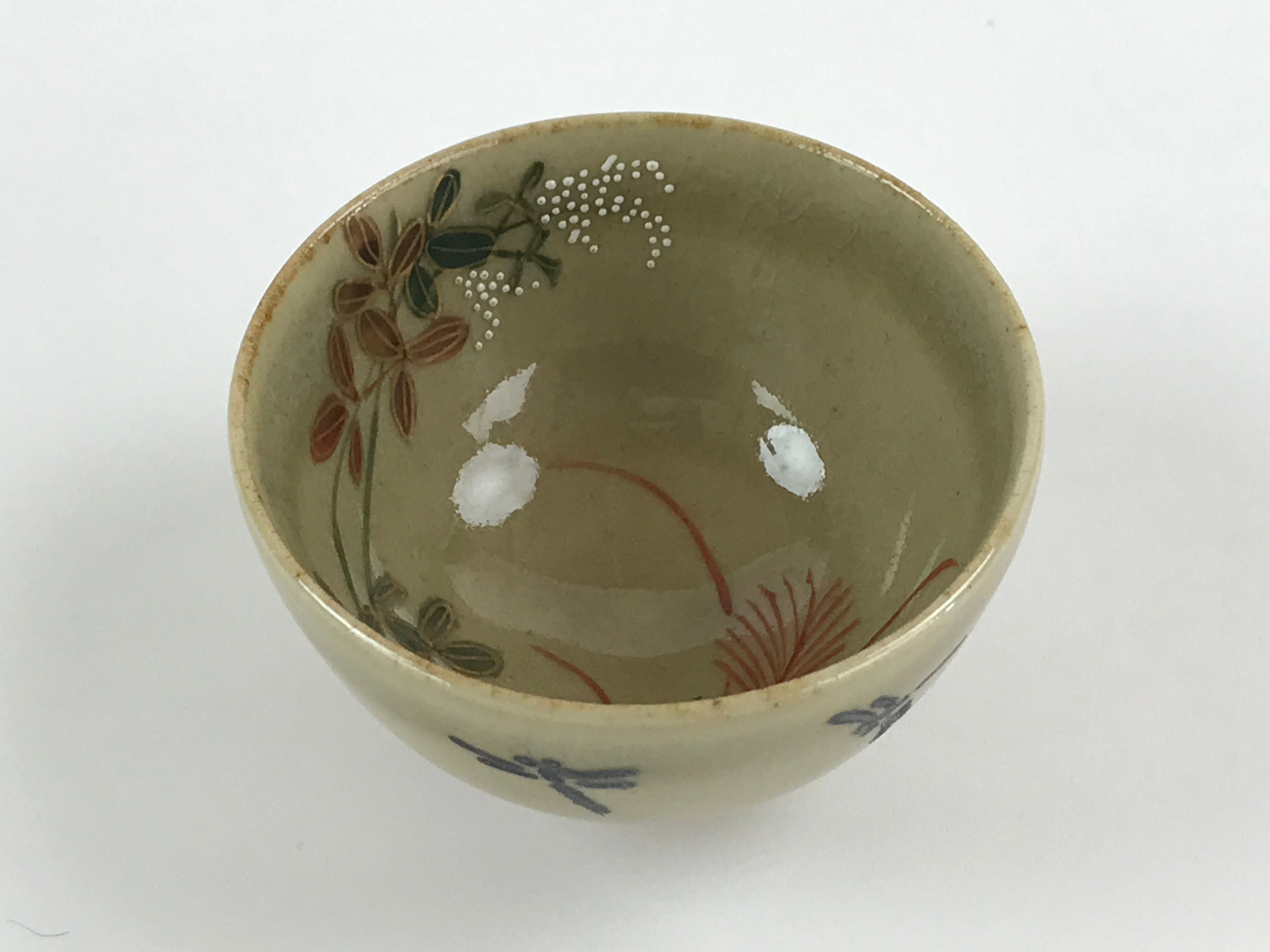Japanese Porcelain Sake Cup Kutani Ware Dragonfly Plants Guinomi Beige Blue G86